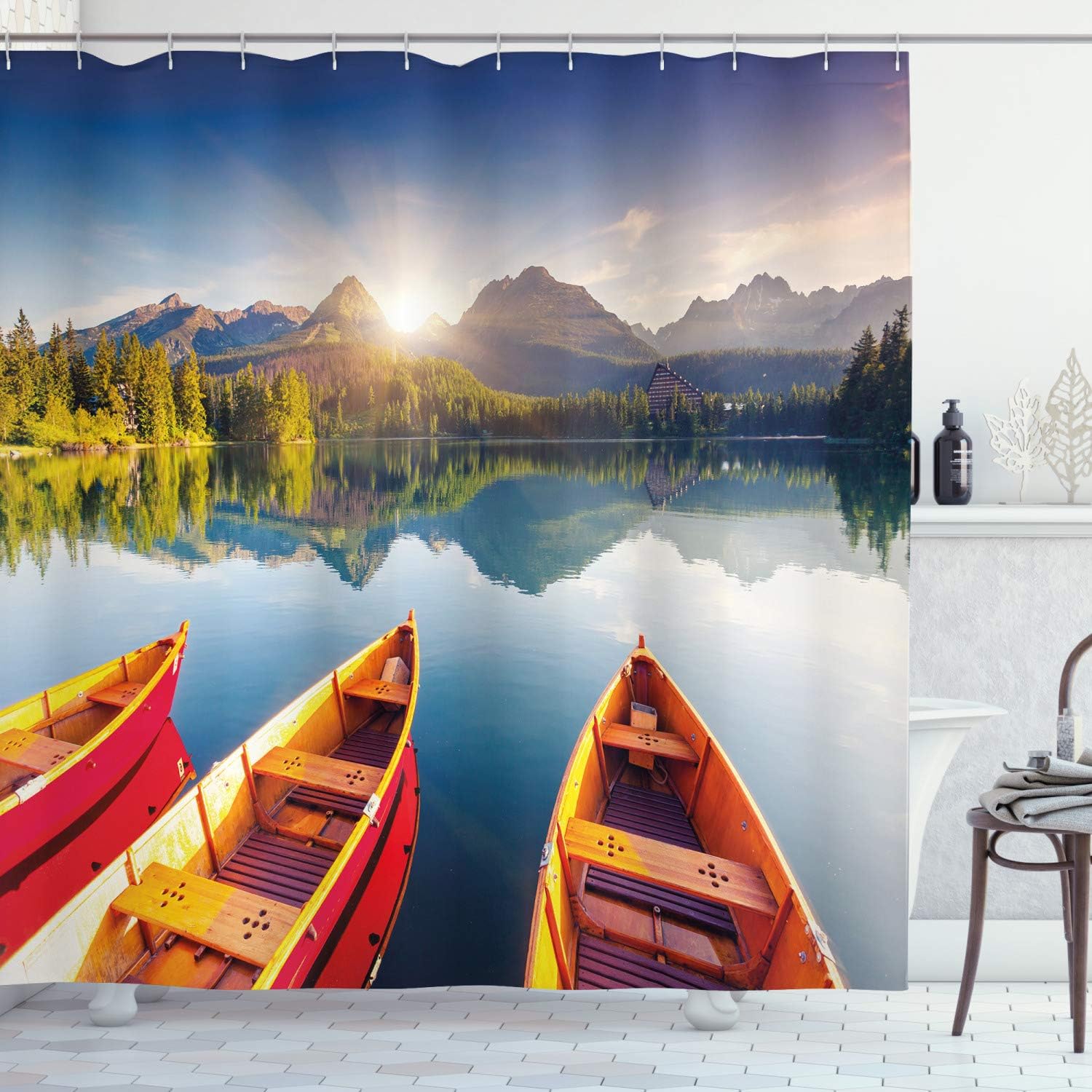 Ambesonne Fishing Shower Curtain, Mountain Lake in National Park Slovakia Sailboats European Ecology Nature Print, Cloth Fabric Bathroom Decor Set with Hooks, 69" W x 75" L, Marigold Green