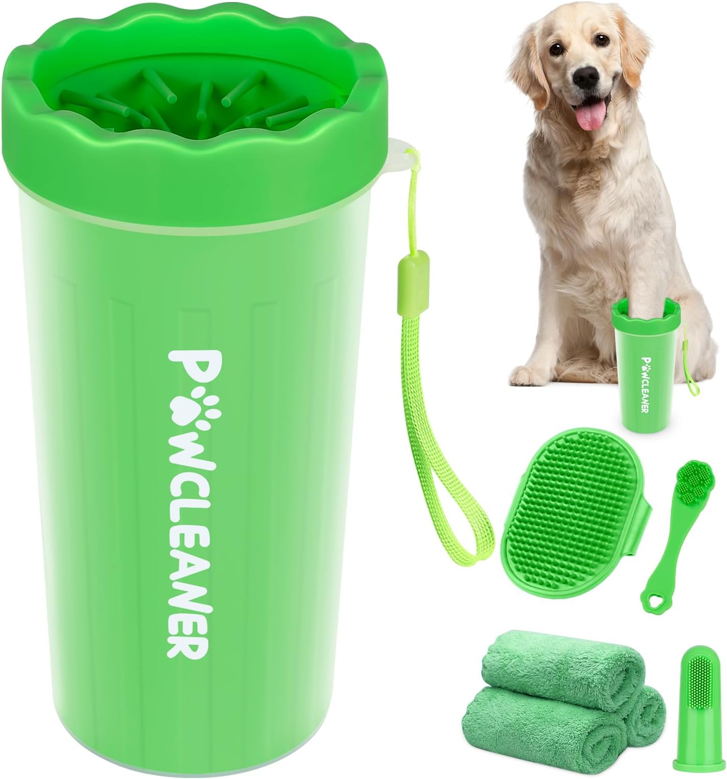 Professional 7 in 1 Dog Paw Cleaner for Dogs & Cats - Includes 1 Portable Paw Washer, 1 Bath Brush, 2 Dog Toothbrushes and 3 Absorbent Towels Note: Fits Paws 2.5 to 3.5 Inches Wide (Large, Green)