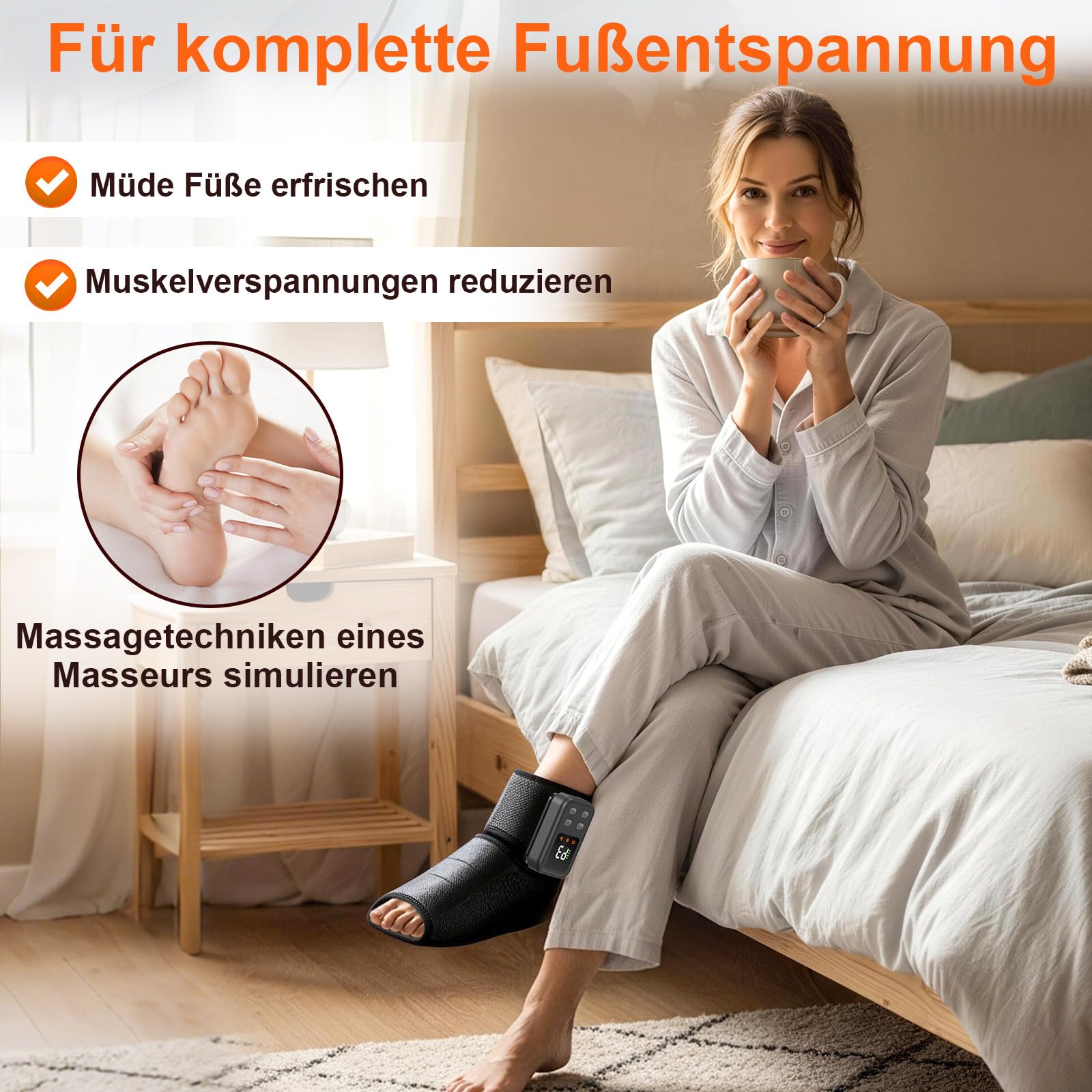 Fußmassagegerät 3-in-1, Wärme, Luftkompression, Vibration, 40-60°C | 3-in-1 mit Wärme, Luftkompression & Vibration, 40-60°C, für Fußsohle, Fußrücken & Knöchel – entspannend & wohltuend.