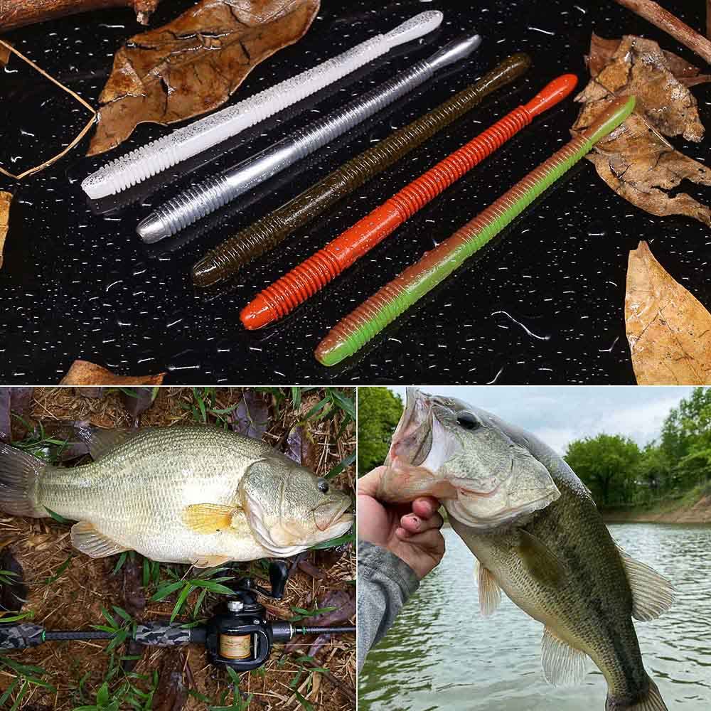 Gusanos de pesca de plástico suave, gusanos de goma de 4 pulgadas, gusanos locos, cebos de cola recta, kit de 49 piezas con 25 cuerpos, 18 ganchos, 6 pesos