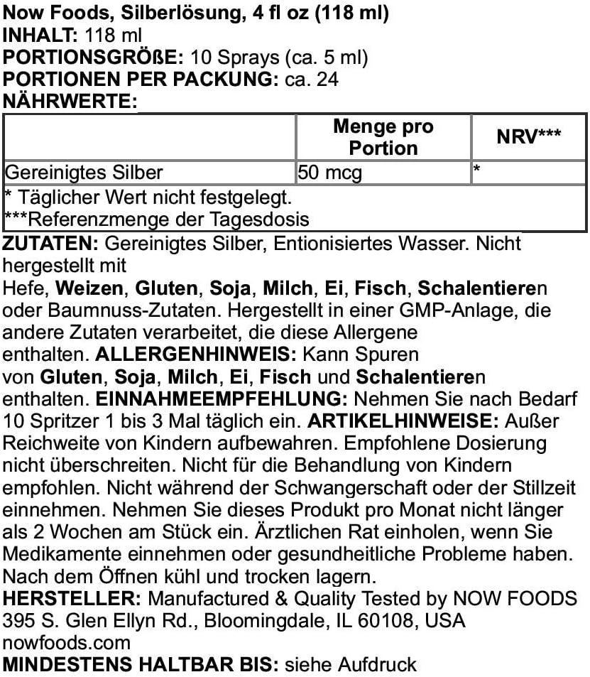 NOW Supplements, Silver Sol 10 PPM with Elemental Silver and Deionized Water, Liquid, 4-Ounce
