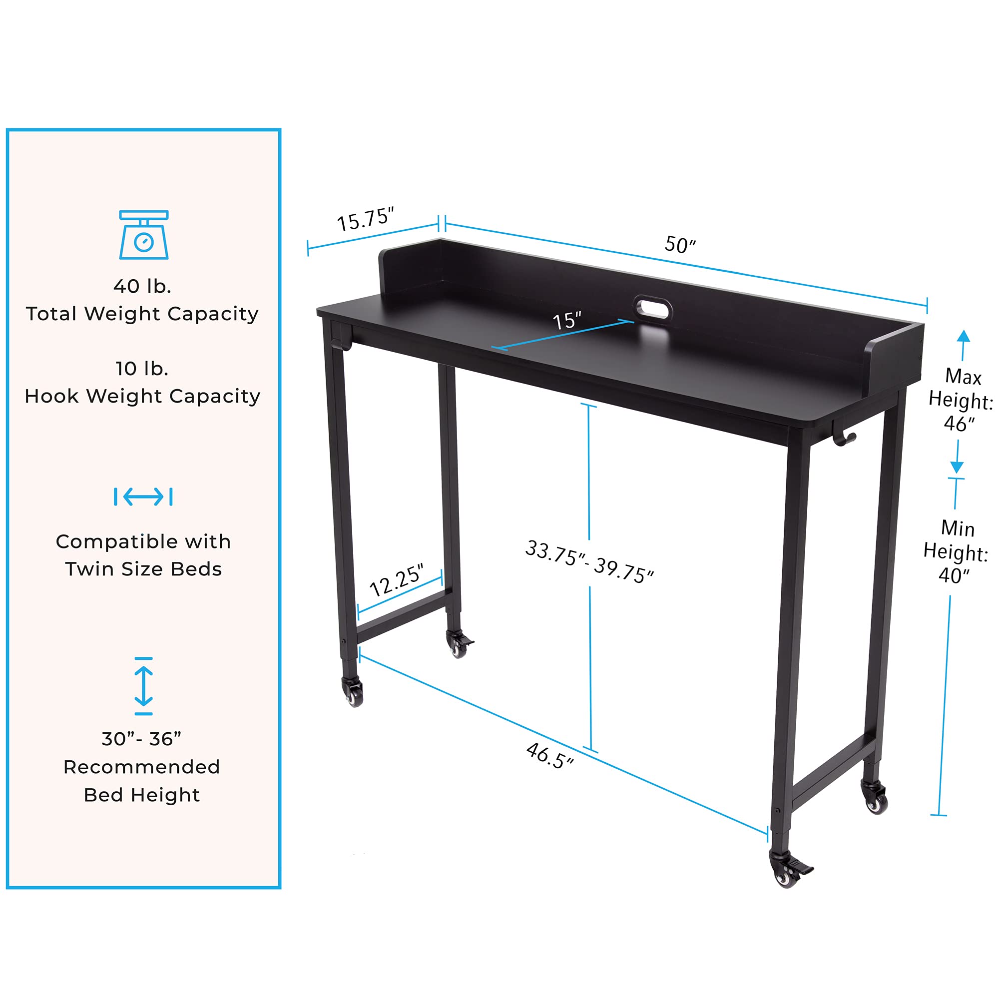 Stand Steady Joy Overbed Table for Twin Beds Height Adjustable Bed Desk with Locking Wheels