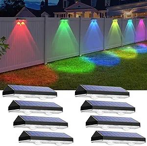 Solar Fence Lights Outdoor - Warm White & RGB 6 Color, Dusk to Dawn Solar Deck Light, Solar Lights Outdoor IP65 Waterproof, Garden Lights for Outside/Backyard/Railing/Step/Patio/Wall (8 Pack)