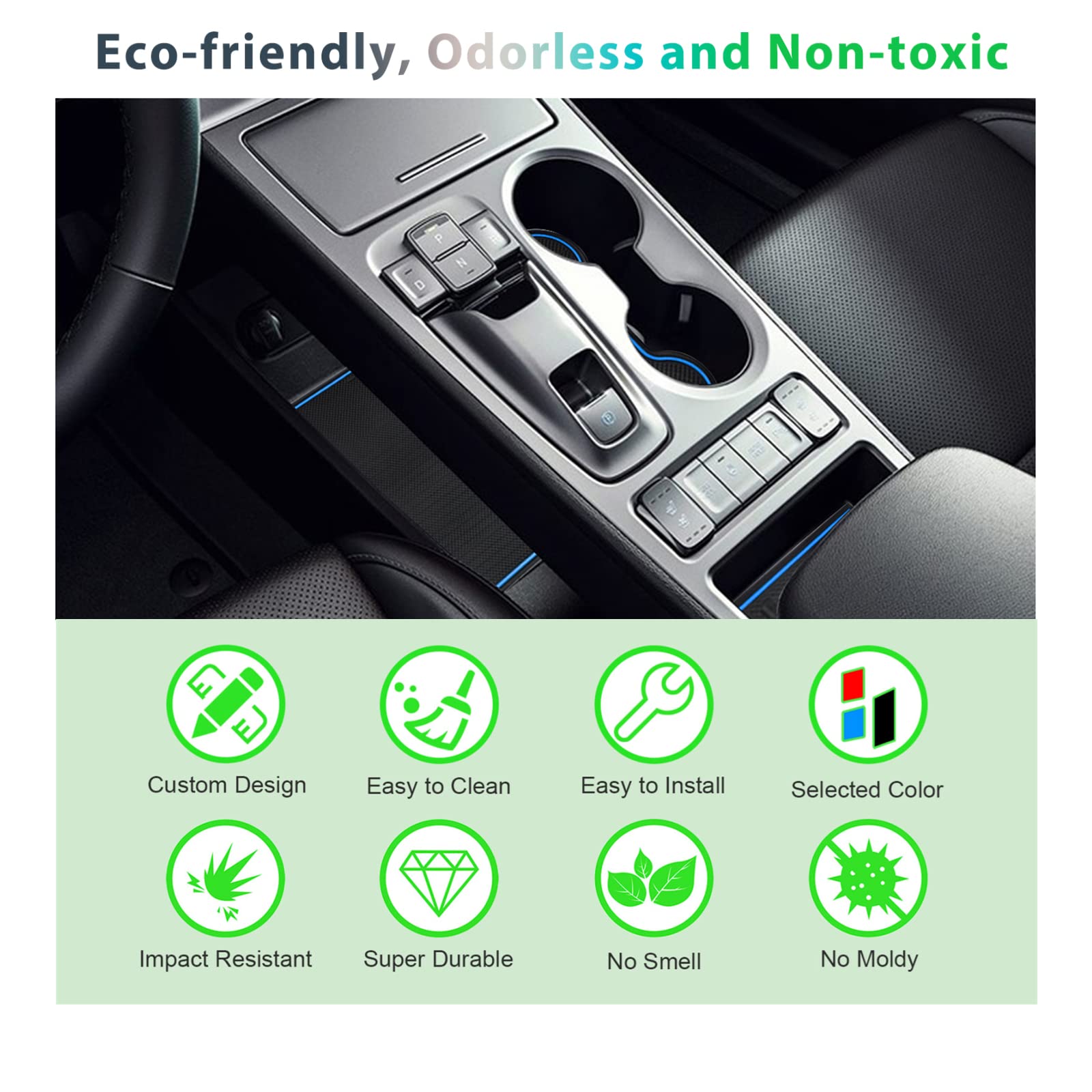 GAFAT 2019-2022 2023 Hyundai Kona Elektro EV Electric maty antypoślizgowe, gumowe maty do konsoli środkowej, uchwytu na napoje, szew drzwiowy [tylko do wersji EV] [nie do nowych 2024-] (niebieskie)