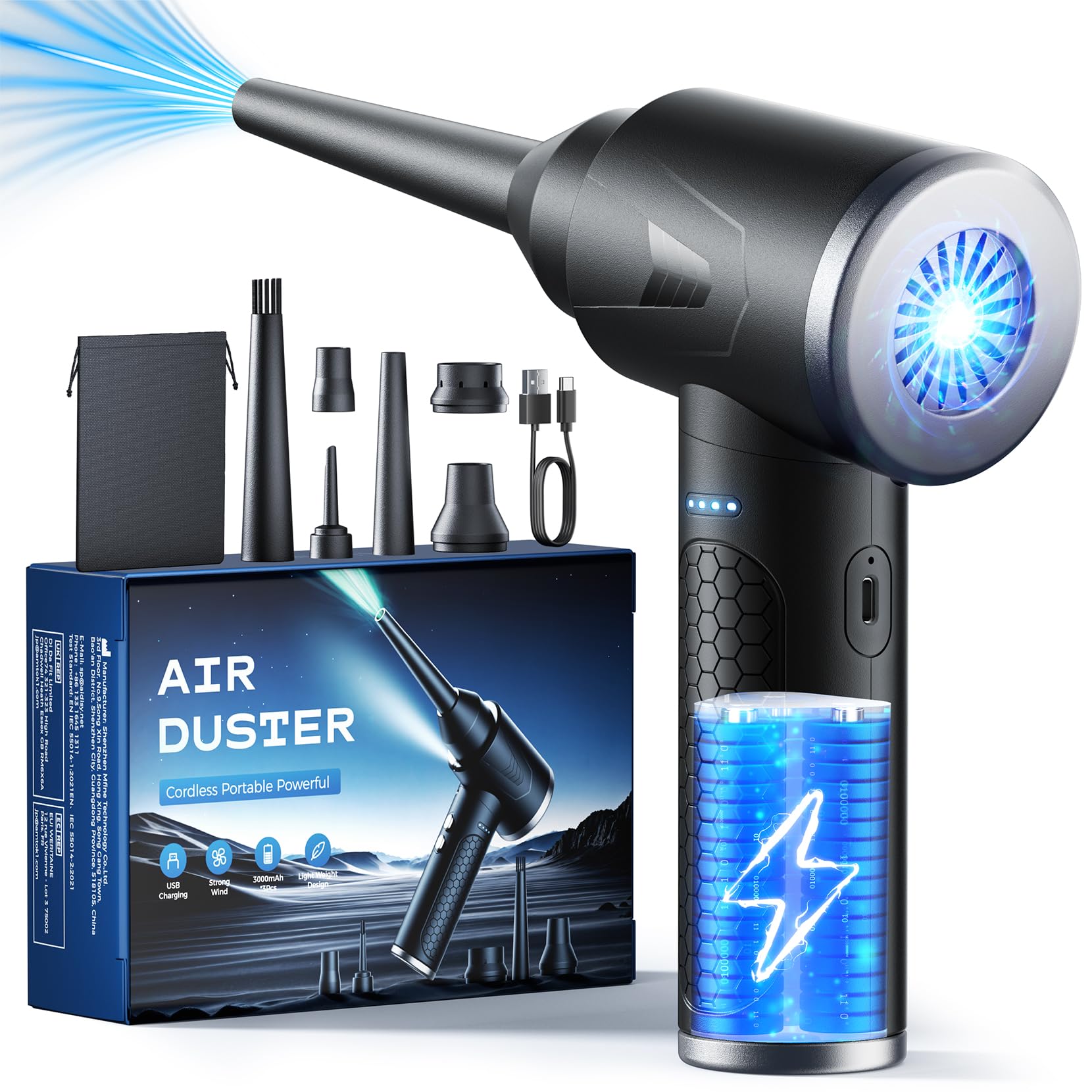 Compressed Air Duster, 100000 RPM Compressed Air Cleaner with 9000 mAh Battery, Compressed Air Can, 3 Speed Electric Air Duster with LED Light for Cleaning Sofa, Car, Computers Keyboard