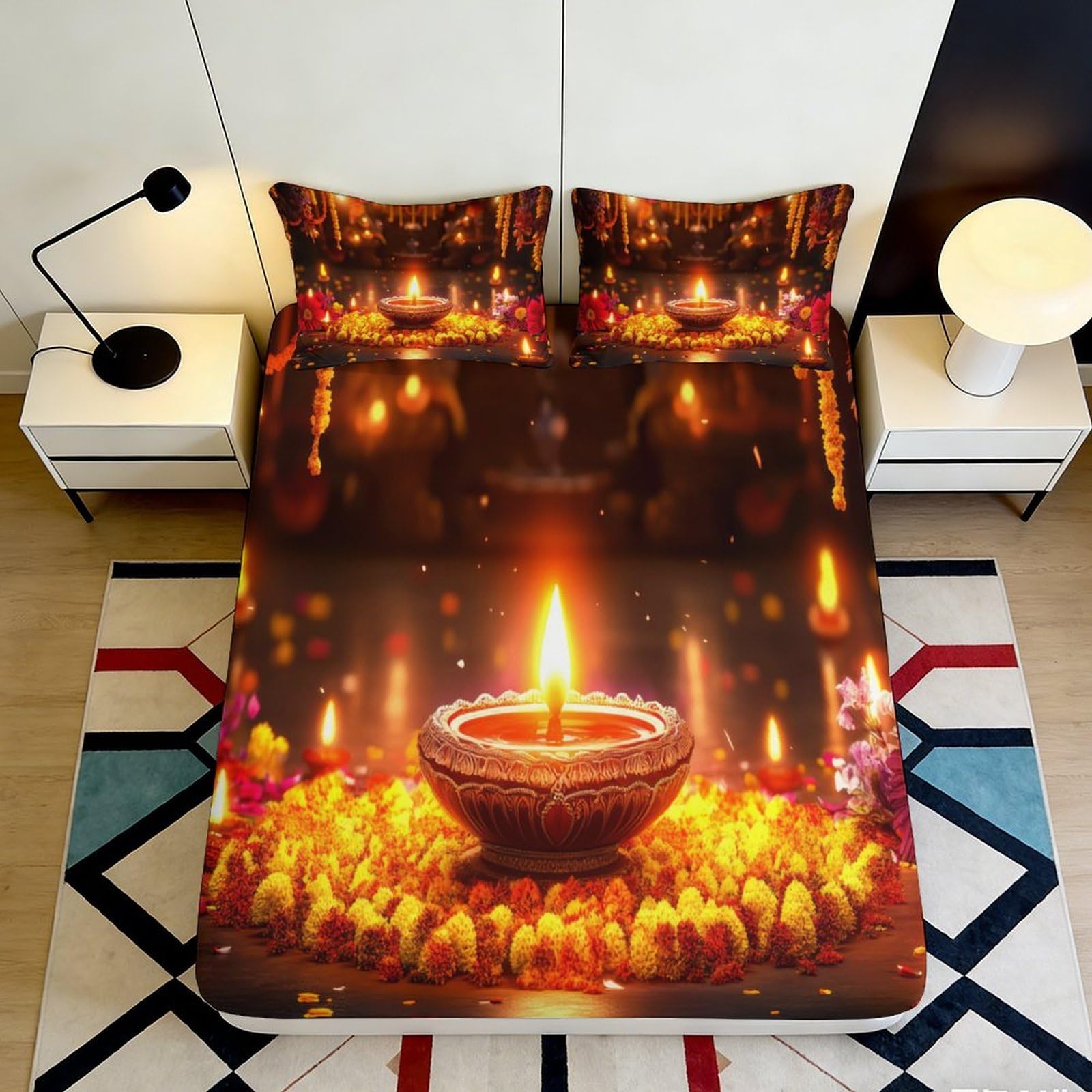 3D Printed Diwali Candle Fitted Sheet Microfiber Warm Decor Autumn Lights Mattress Cover for Bedroom Guest Room 90x200x25cm