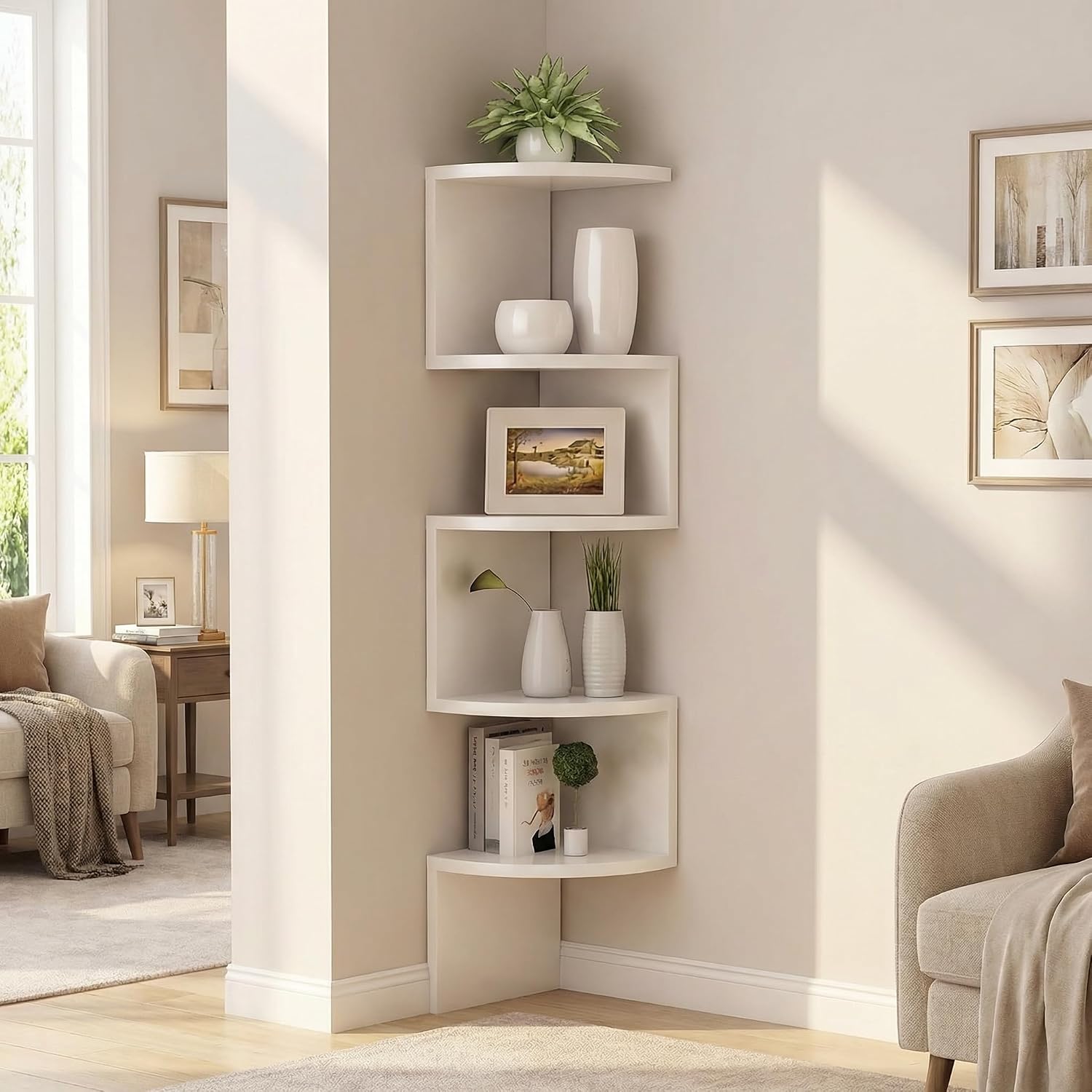 No-Drill Corner Shelf Wall Mount, 5-Tier Floating Corner Bookshelf with Hooks, Space-Saving Zigzag Plant Shelf for Bedroom, Living Room, Bathroom, Home Office