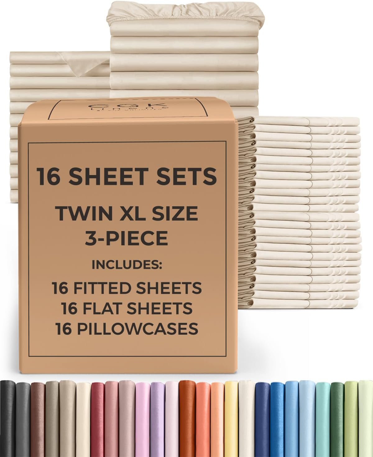 Bulk Case Pack of 16 Sheet Sets - (16) Complete Sheet Sets - Bulk Twin XL Bedding - Wholesale Case Pack for Hotels, Spa & Airbnbs - Deep Pocket & Wrinkle Free - Cooling & Breathable - Twin XL, Cream