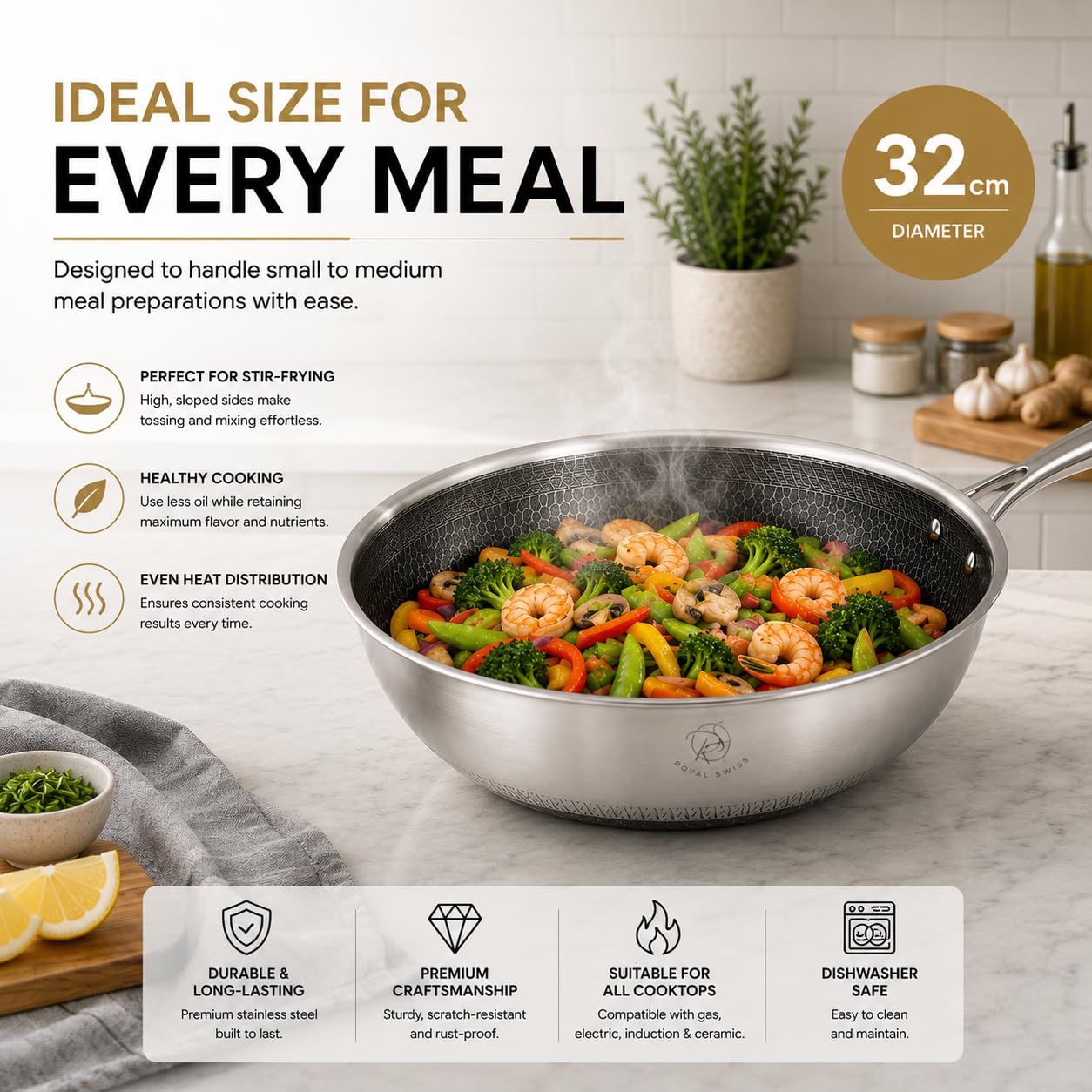 Royal Swiss Wok 32 cm in acciaio inossidabile Triply - Rivestimento antiaderente a nido d'ape - Compatibile con induzione, gas e tutti i fuochi, con coperchio in vetro, cottura sana e durevole