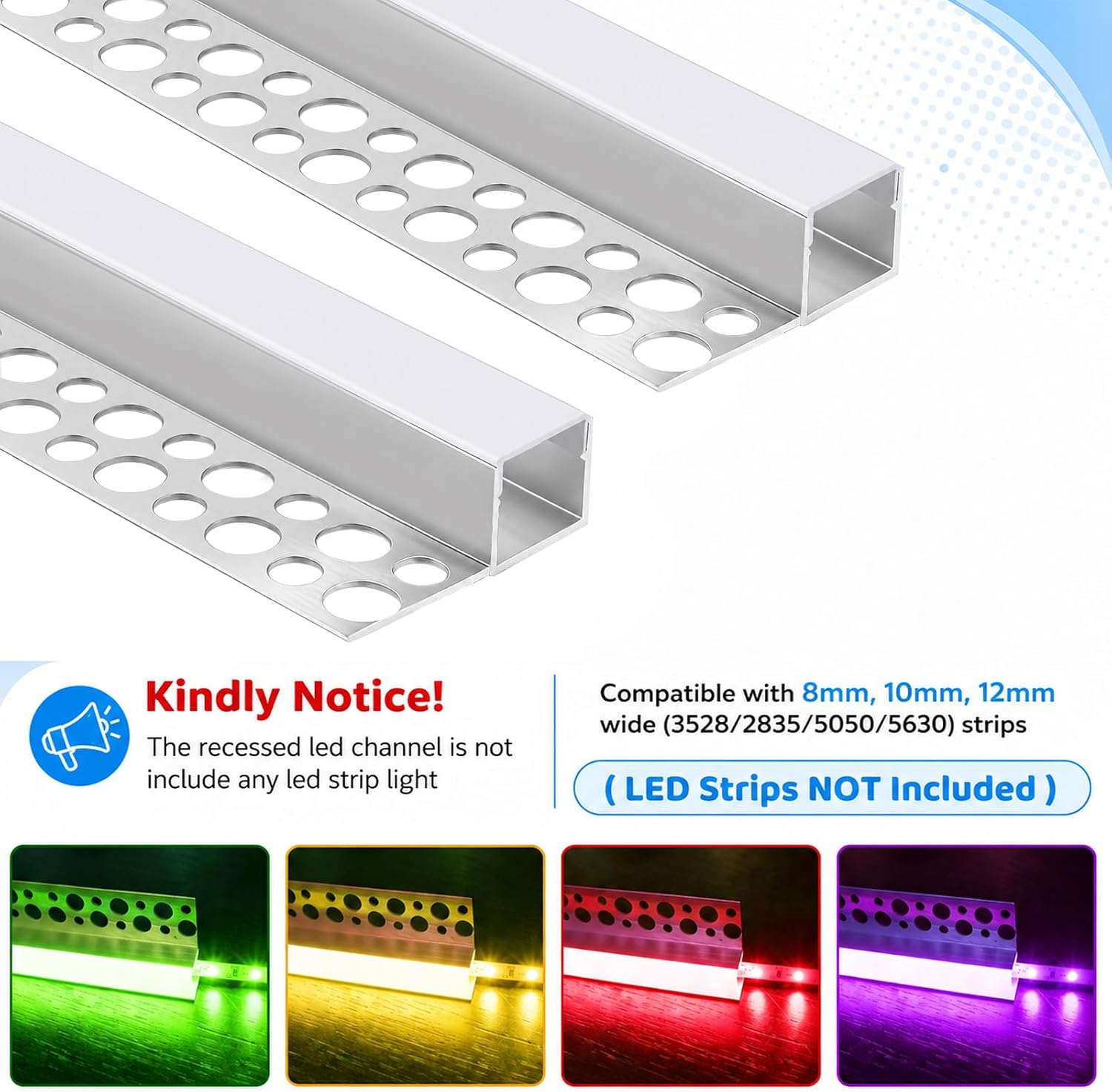 5 Pack Plaster-in Drywall LED Channel, 3.3FT/1M Trimless Recessed Aluminum Profile with Milky Cover, Mud-in LED Strip Diffuser for Ceiling, Wall & Strips Lighting (Light NOT Included)