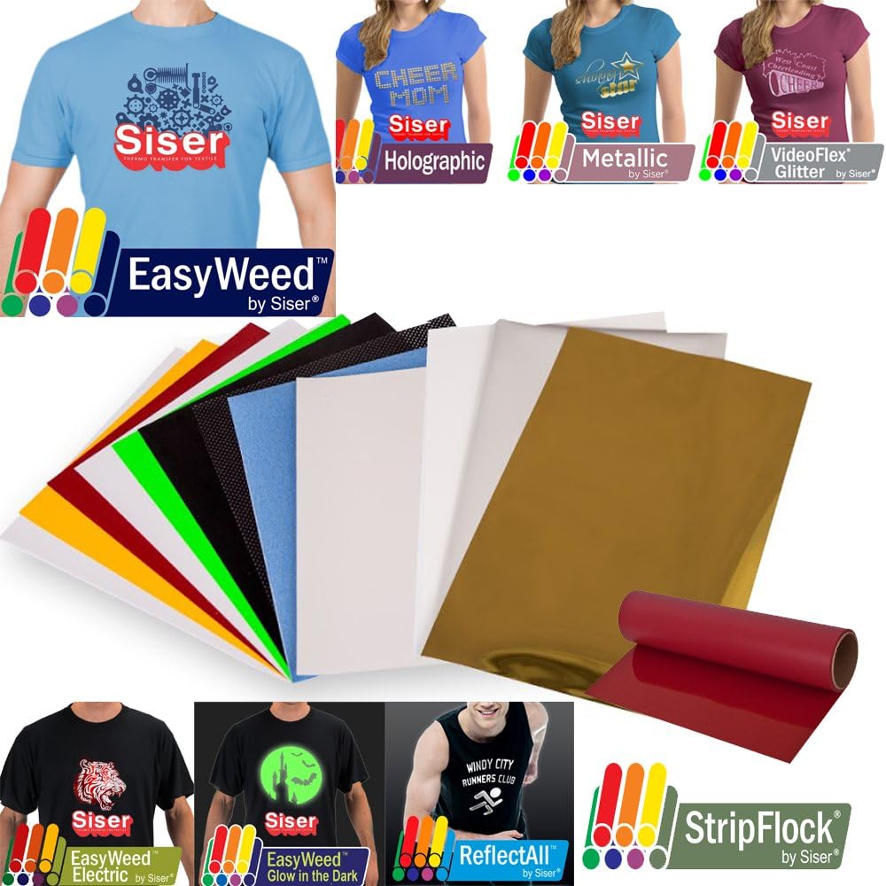 SISER Heat Transfer Vinyl (HTV) Variety Sampler Pack of TWELVE (12) 15" x 12" Sheets for Tshirts