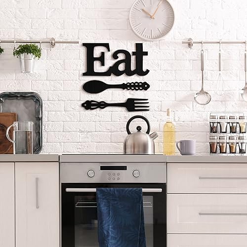 Miniatura 7 de Jetec Juego de letrero de "Eat", decoración de pared con tenedor y cuchara, decoración de madera rústica, lindas letras "Eat" para cocina y hogar,
