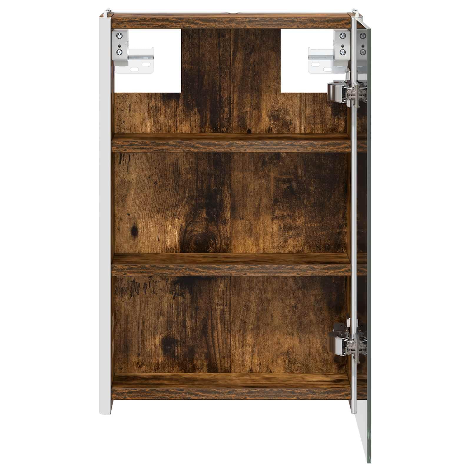 Szafka łazienkowa z lustrem wędzonego dębu, 33 x 11,5 x 50 cm, materiał drewnopochodny z oświetleniem LED, montaż na ścianie, regulowane regały, miejsce do przechowywania szafki pod umywalkę