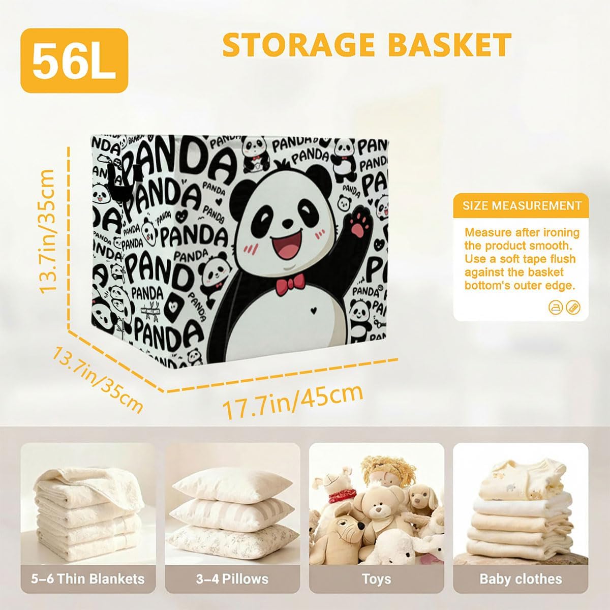Cartoon Panda Laundry Hamper, 56L Large Foldable Laundry Basket with Handles, for Family Clothes, Toy Storage Bin, Blankets,Decorative Organizer for Shelves & Closet Home Decor Bedroom & Nursery image 4