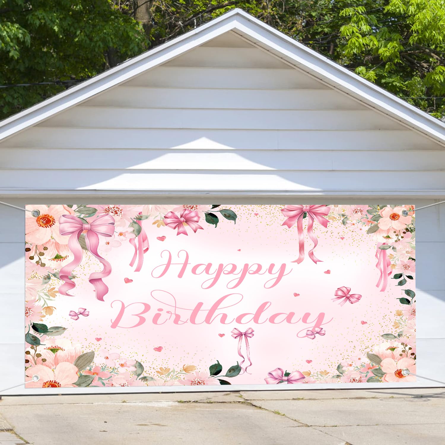 Pink Bow Happy Birthday Garage Door Decoration Background Birthday Bow Floral Party Decor for Girls Women Banner Bow Theme Baby Shower Birthday Party