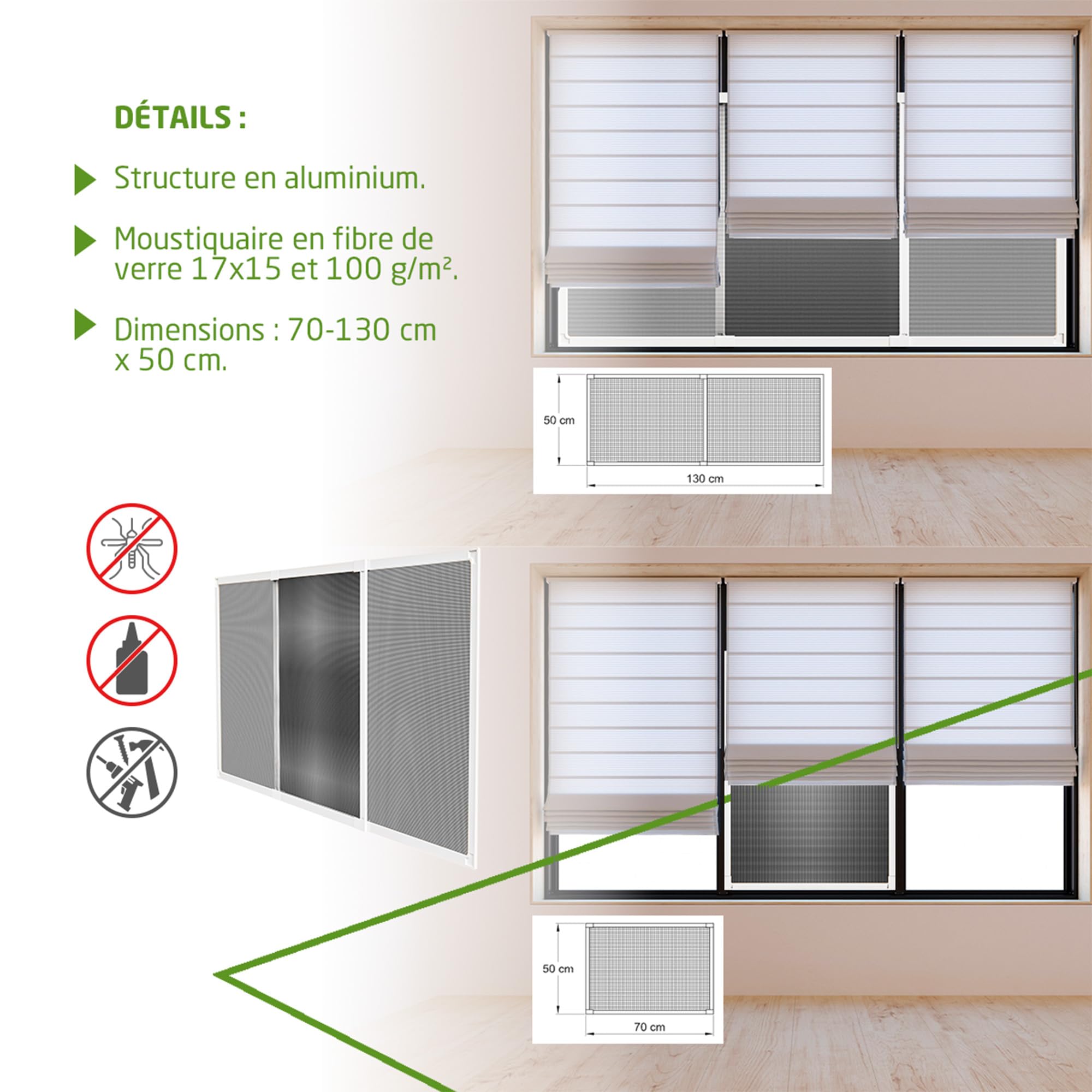 Amig - Moustiquaire extensible pour fenêtres | Installation sans outils | S’adapte dans l’emplacement du volet | 70 x 50 cm | Ajustable jusqu’à 130 cm | Aluminium blanc et maille en fibre de verre
