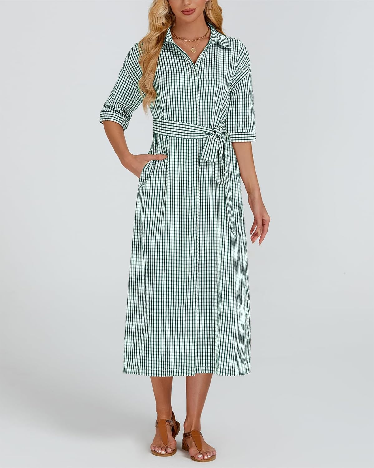 Women's Half Sleeve Plaid Maxi Dress 2026 Spring Summer Gingham Casual Button Down Long Loose Belted Dress - Image 6