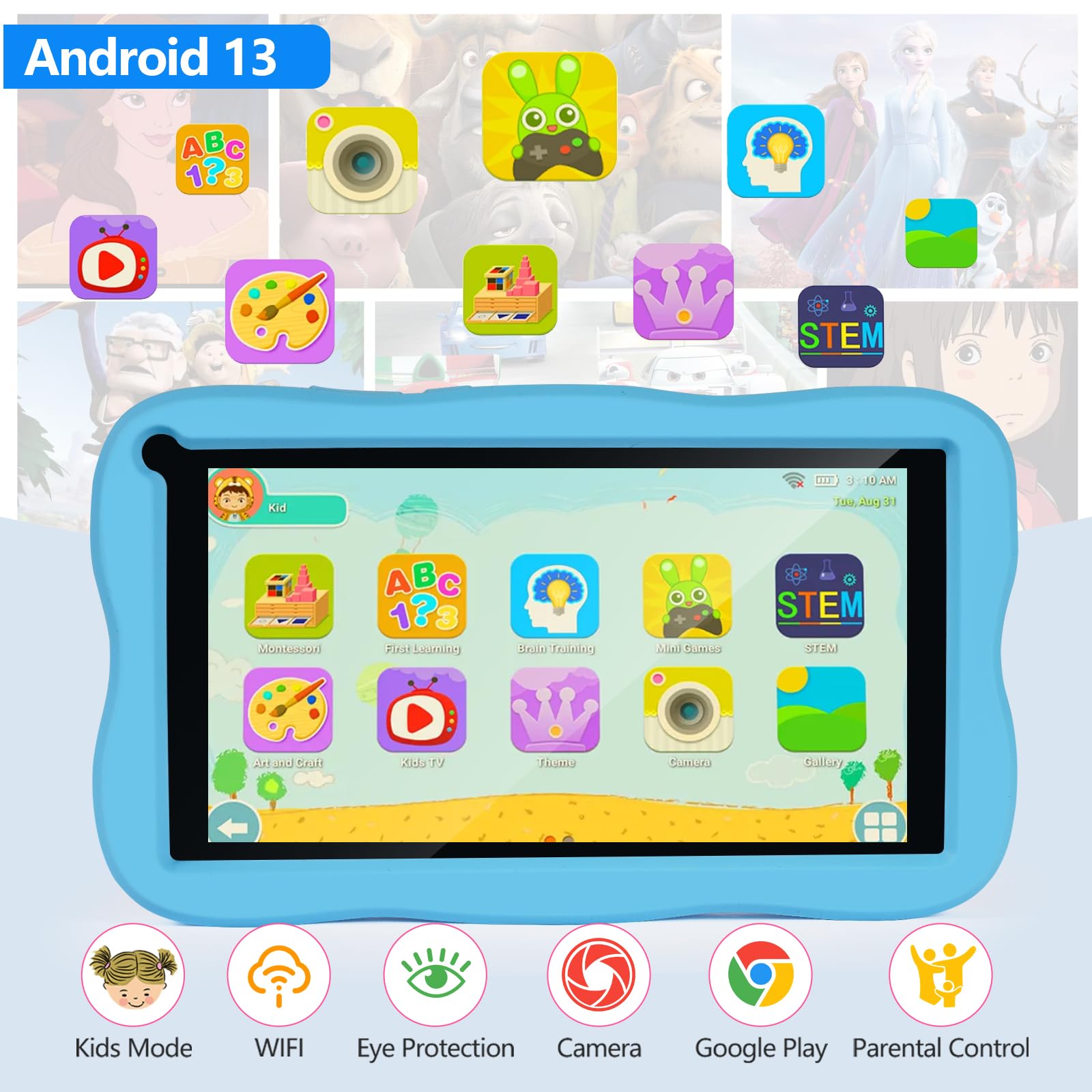 Tablet 7 cali SUMTAB, Android, 8GB RAM 64GB ROM, IPS HD, Kontrola rodzicielska, edukacyjna dla dzieci (Niebieski)