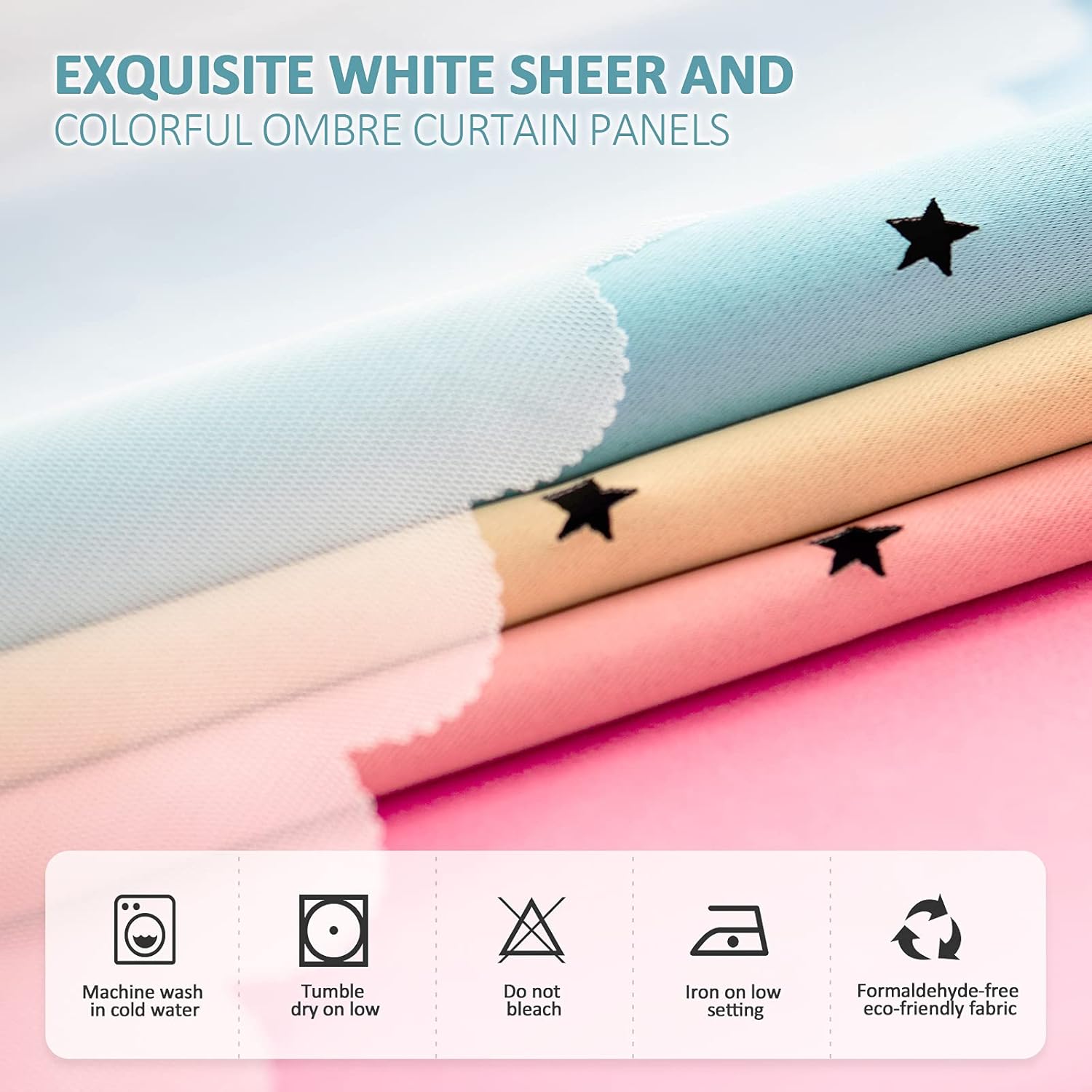 Stiio 2 Panels Girls Stars Rainbow Curtains W52xL84 inches for Bedroom, Kids Blackout Curtains Colorful Ombre Nursery Curtains with Sheer Princess Cutout Curtains for Bedroom Living Room, Yellow Pink