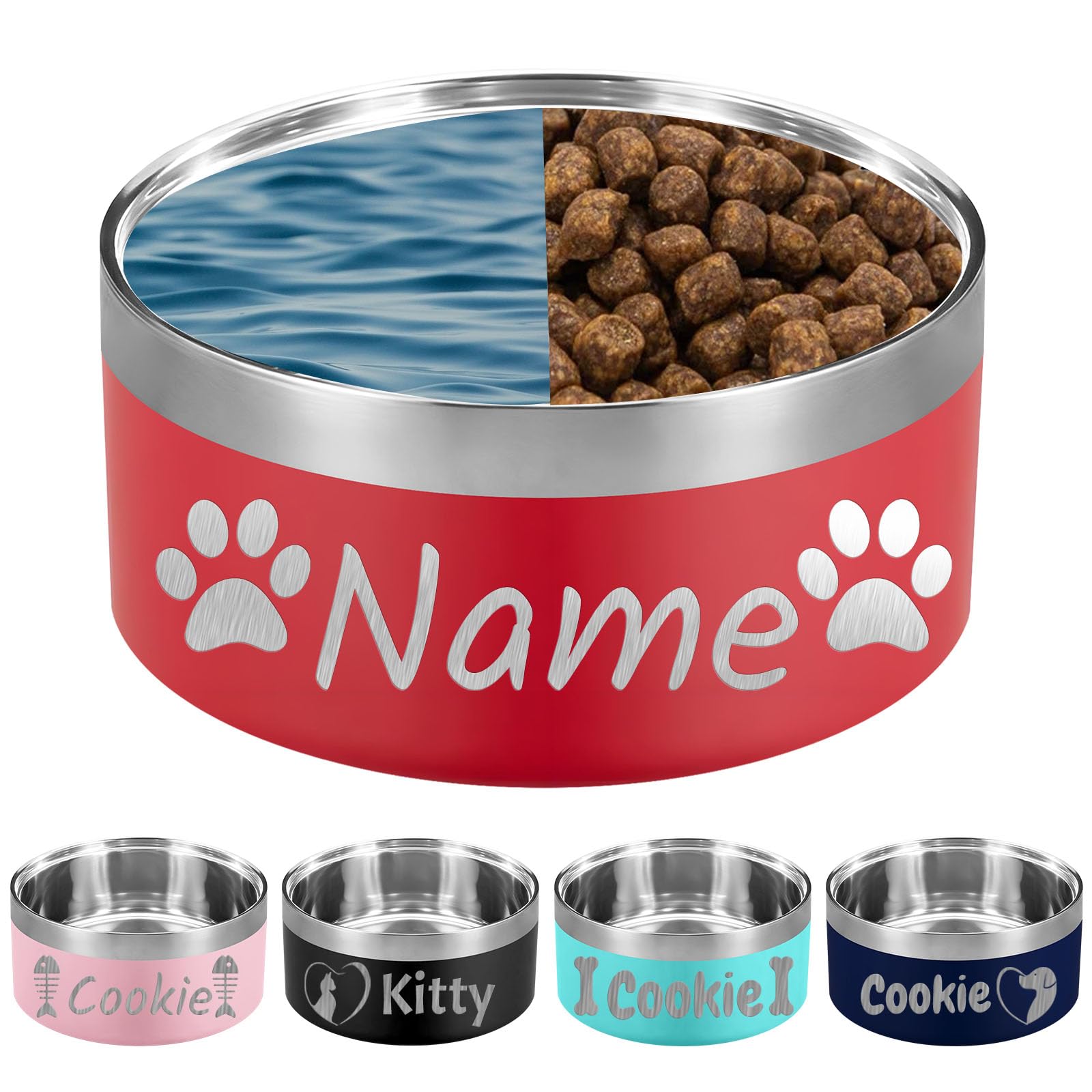 32OZ Personalised Dog Bowl Laser Engraved Custom Pet Name 32/42/64 oz No Slip Stainless Steel Insulated Bite-resistant Food Water Dishes-Red — image 1