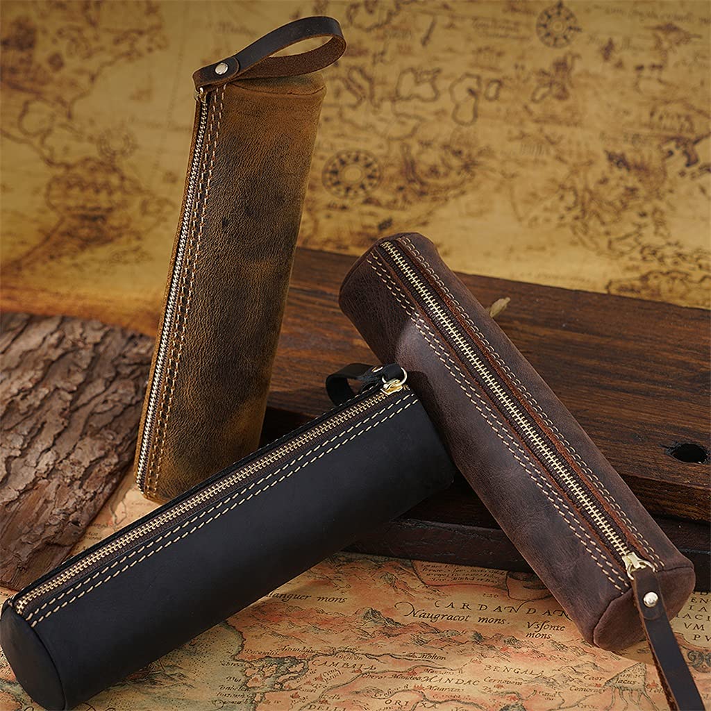 ACiyD Astuccio per Penne in Pelle di Vacchetta Vintage Astuccio per Penne con Cerniera ad Alta capacità Astuccio per Penne con Cerniera (C, 20,5 * 5,2 * 5,2 cm) (D 20,5 * 5,2 * 5,2 cm)