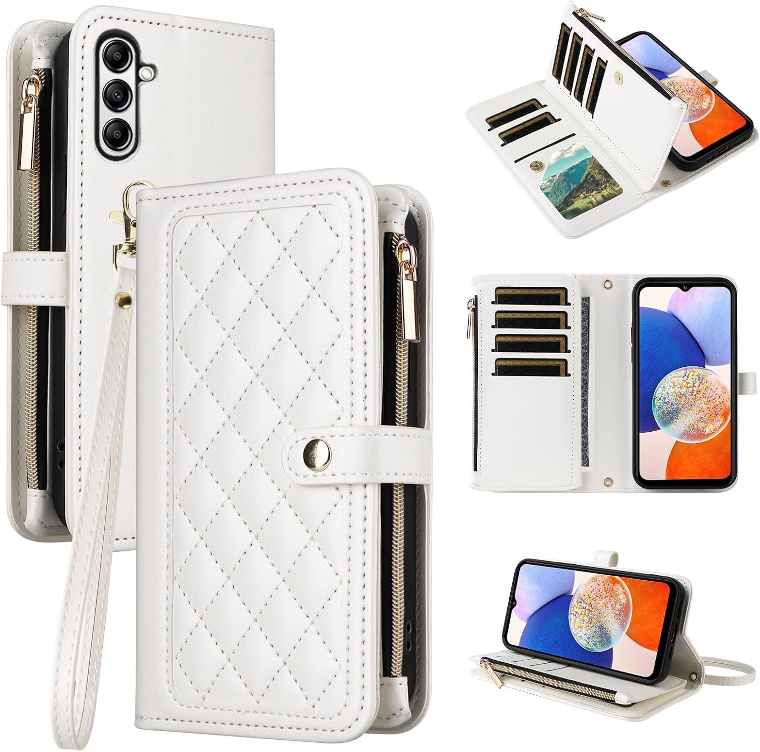 Dswteny Wallet Case for Samsung Galaxy S24/S25 5G with Wrist Strap Flip Zipper Credit Card Holder Soft Stand Accessories Argyle Pattern Phone Cover for S 24 24S 25 25S G5 SM-S931U Women Girls White