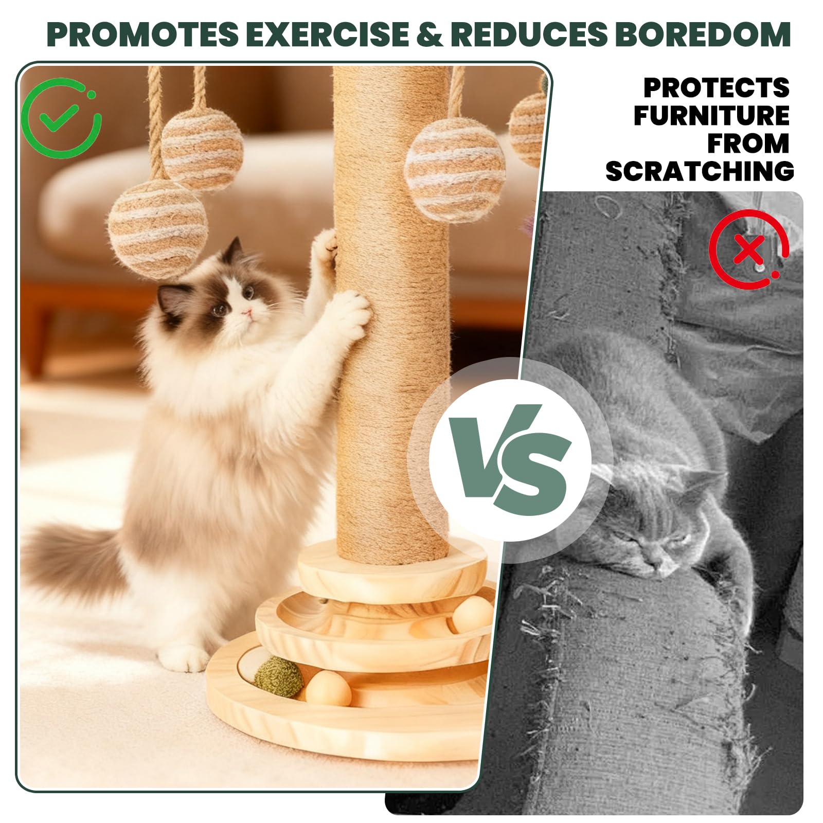6-in-1 Katzenspielzeug Selbstbeschäftigung Holz, Kratzspielzeug für Katzen, Spielzeug mit Katzenminze, Katzenmöbel mit Rotierende Kugelbahn, Federn, Bälle, Juteseile & Sisalseil, für kleine Katzen