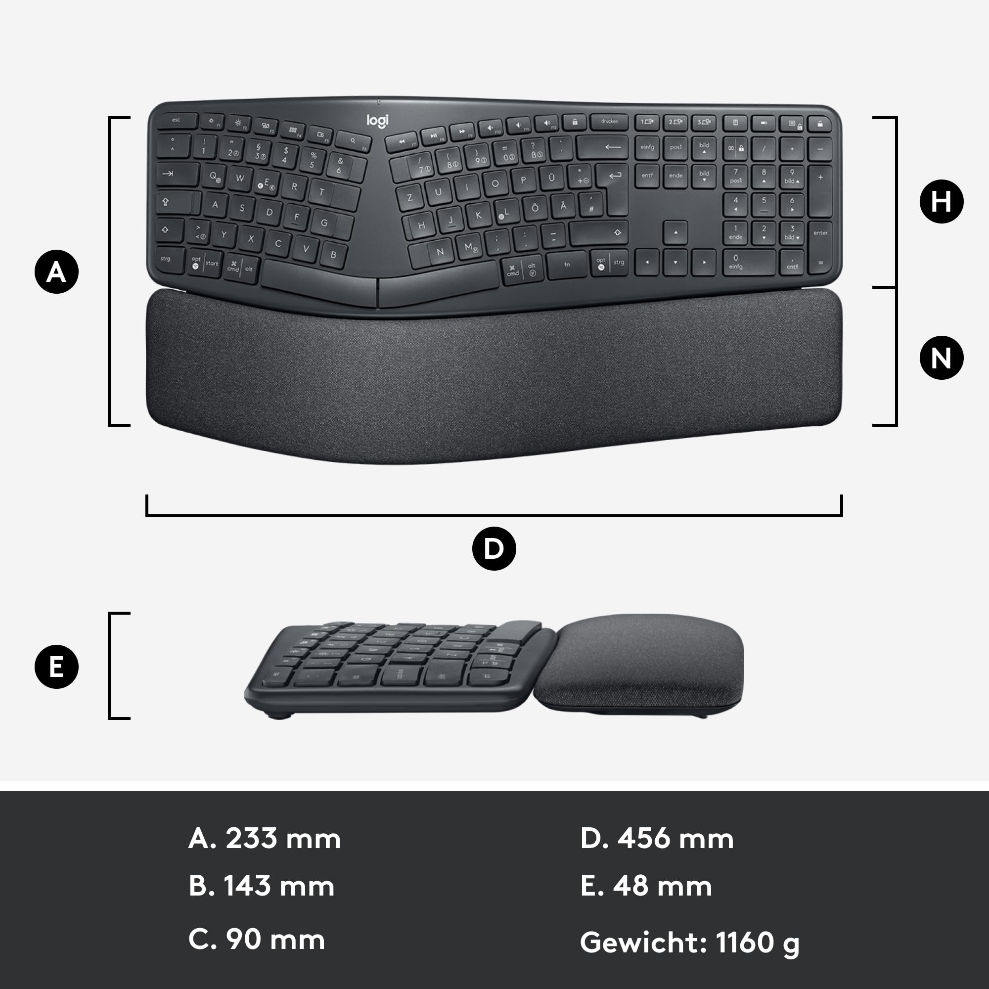Logitech ERGO K860 kabellose ergonomische Tastatur – geteilte Tastatur, Handballenauflage, natürliches Tippen, schmutzabweisendes Material, Bluetooth und USB-Verbindung, für Windows/Mac - Graphit