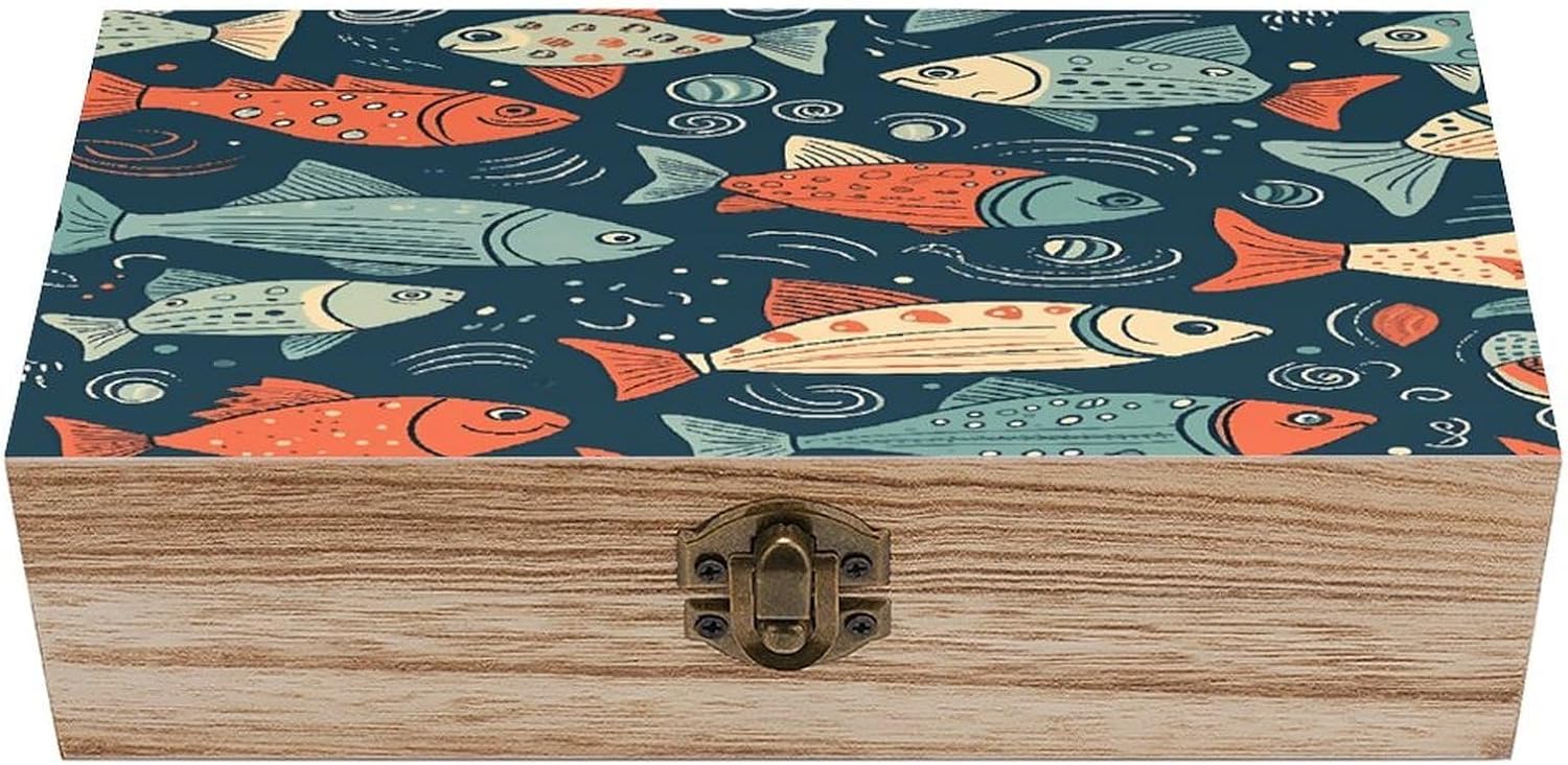 Animation Style Fish Wooden Storage Box 7.9" X 3.9" X 2.3"