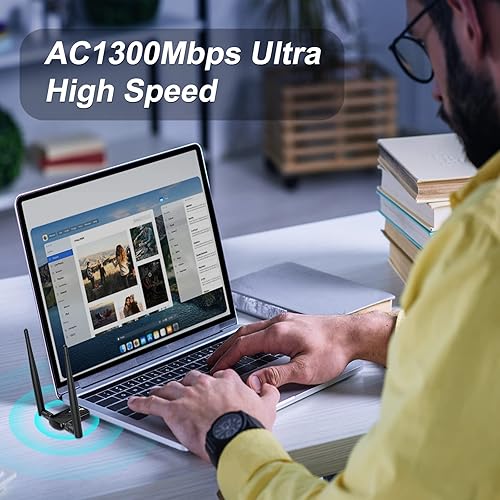 Miniatura 2 de Techkey AC1300Mbps Adaptador inalámbrico WiFi USB para PC de escritorio, Dongle de red con doble banda 2.4GHz400Mbps 5GHz867Mbps 5dBi Antena de alta