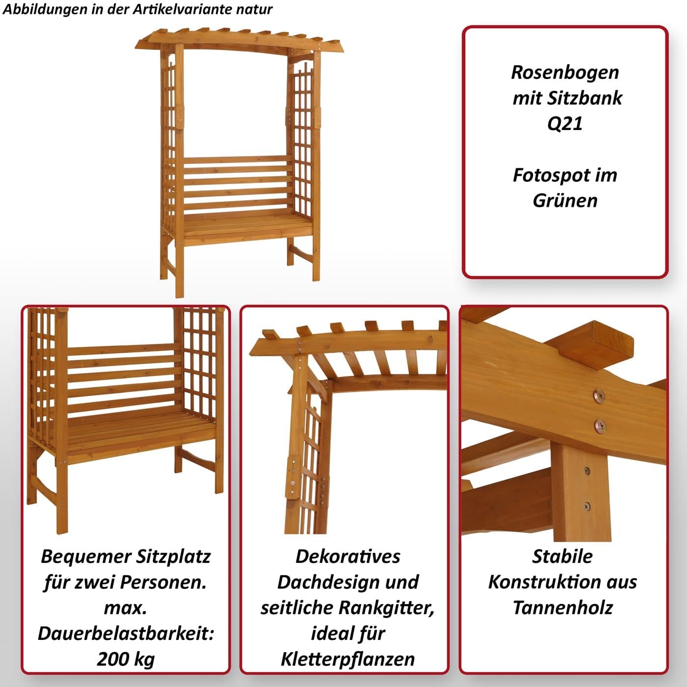 Mendler Rosenbogen mit Sitzbank HWC-Q21, Gartenbogen Rankhilfe Bank Gartenbank Holz FSC®-Zertifiziert 201x160x60cm - Natur