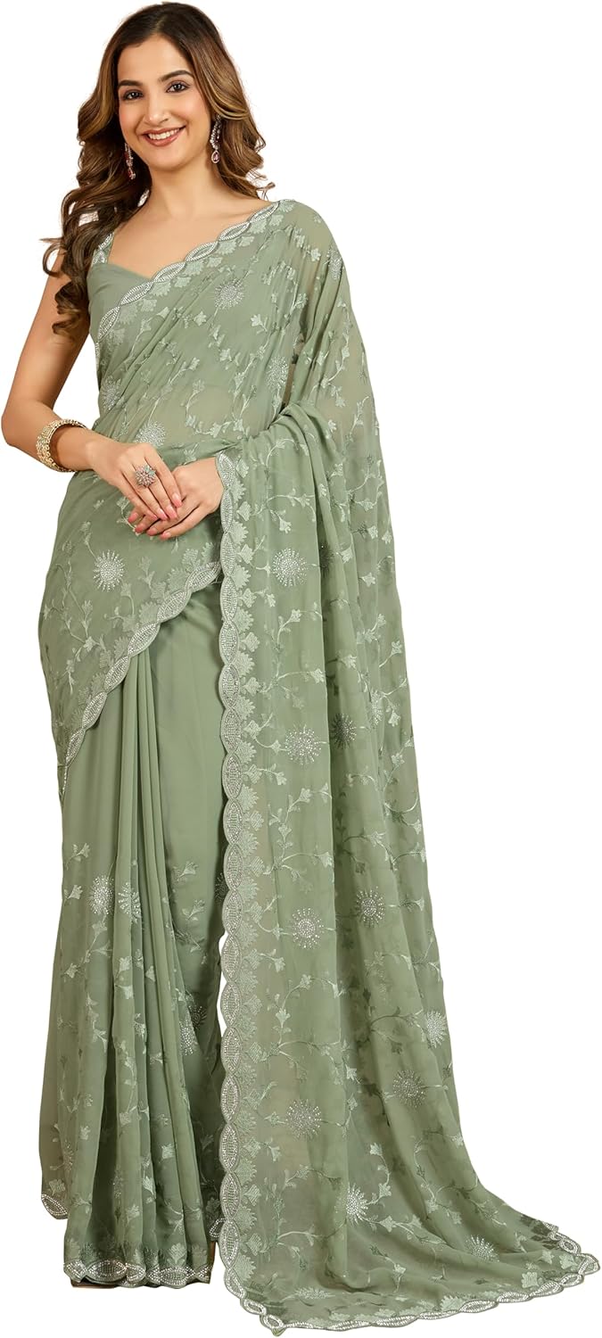 TRENDMALLS Women's Geogette Embroidery Zarkan Work Saree with Unstitched Blouse Piece (K1238-LightGreen)