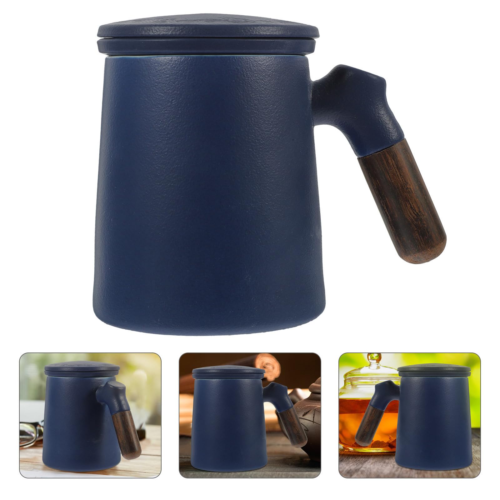 Hemobllo Taza con Filtro de Té 320ml de Cerámica Azul con Tapa | Hogar y Oficina, Diseño para Separar Hojas, Ayuda a Reducir Residuos y Mantener la Bebida Limpia