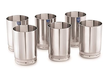 neelam SGAD007P Stainless Steel 7 22G PRM Delux Amrapali Glass, 300 ml, Silver, Set of 6
