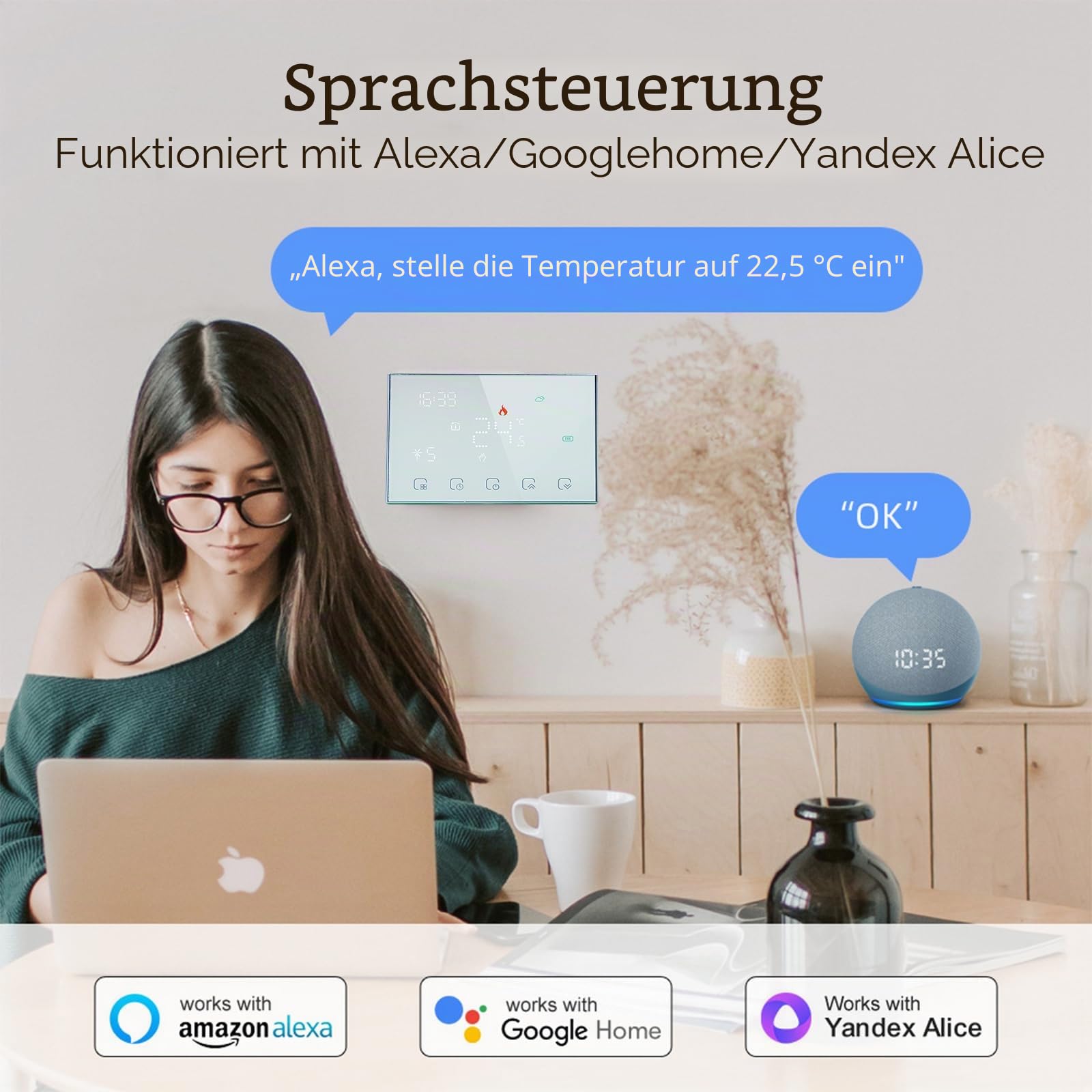 RF Smart WiFi Wireless Thermostat für individuelle Gas- / Wasserkesselheizung Funktioniert mit Alexa Google Home Trockenkontakt, 3A 2AA Batterie
