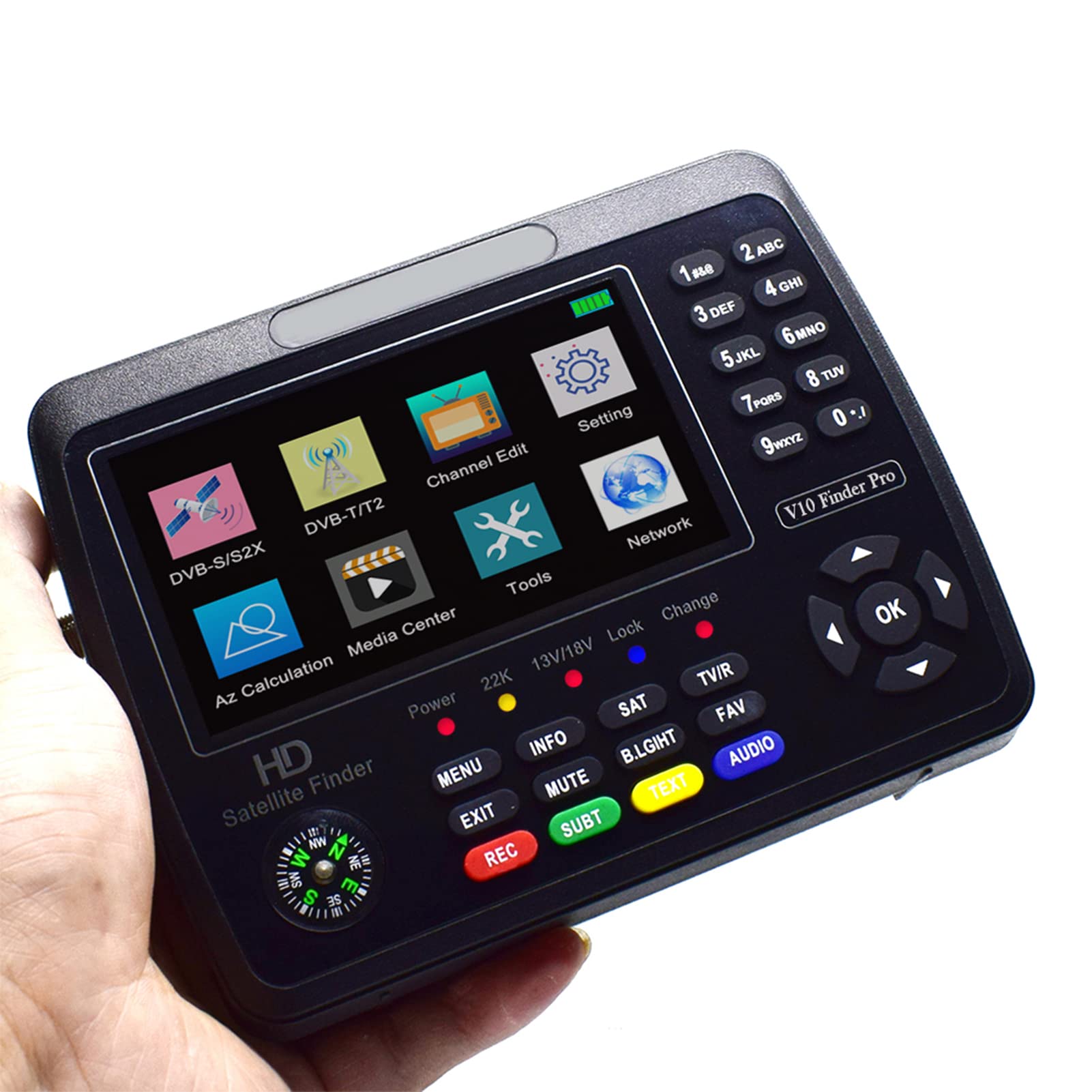 Satellite Finder Signal Meter V10 Pro HD Satellite TV Signal Finder DVB-S/S2/S2X/T/T2 Combo Digital Hand Signal Meter Satellite Finder H.265 4,3 Pouces LCD pour régler l'antenne parabolique