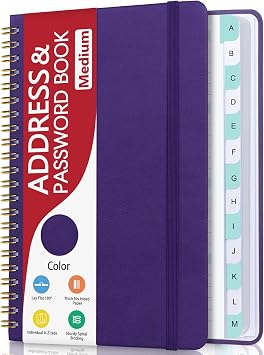 Address Book with Alphabetical Tabs, Hardcover Phone Book Password Keeper with Spiral Binding, Address Books for Seniors, Record Internet Logins, Coloring Pages - 5.7" 7.7" Purple