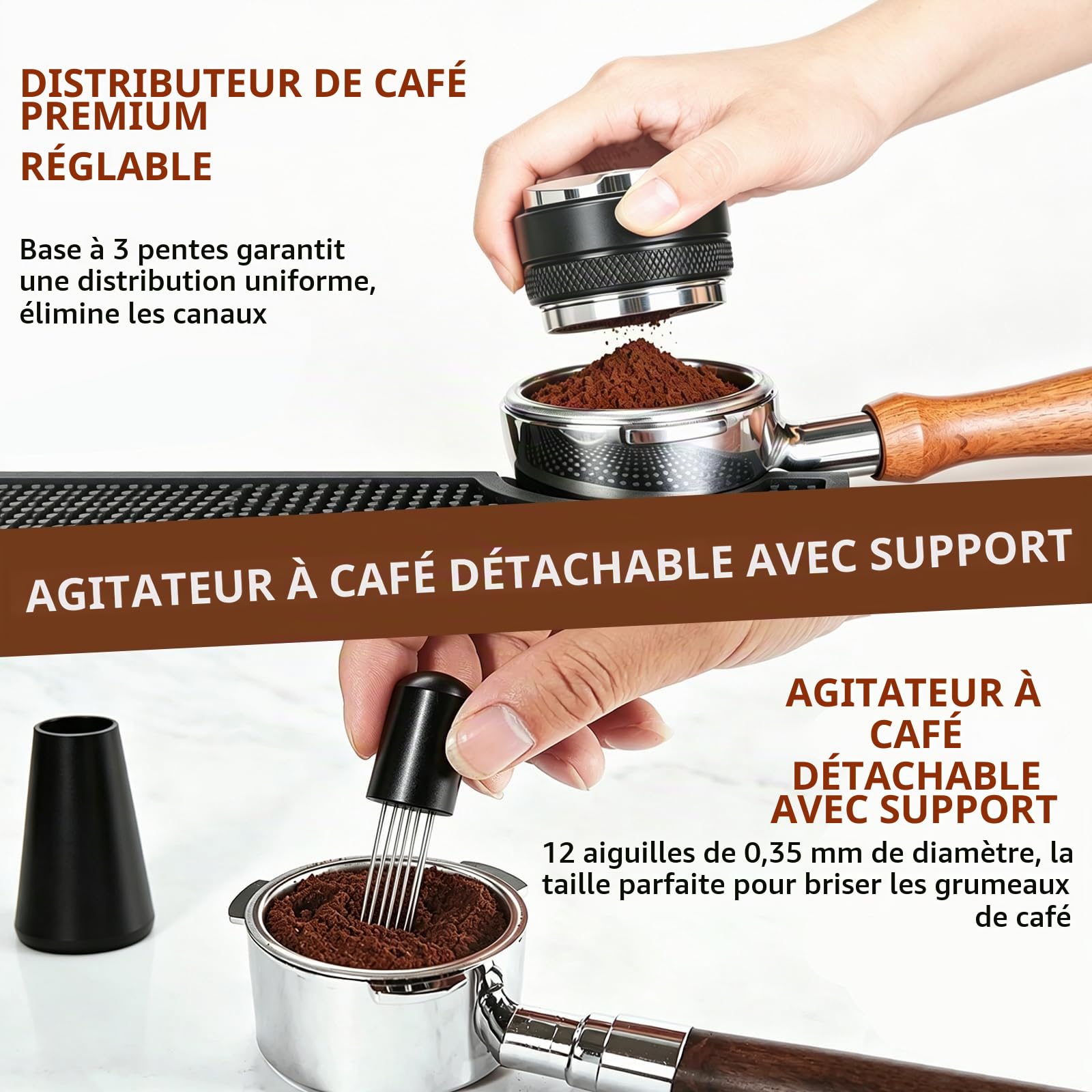 Set De 7 Barista De 51mm En Acier Inoxydable De Haute Qualité Contenant Un Outil Wdt, Un Poussoir Et Une Base De Poussoir Pour Espresso Accessoires Pour Machines à Café à Poignée