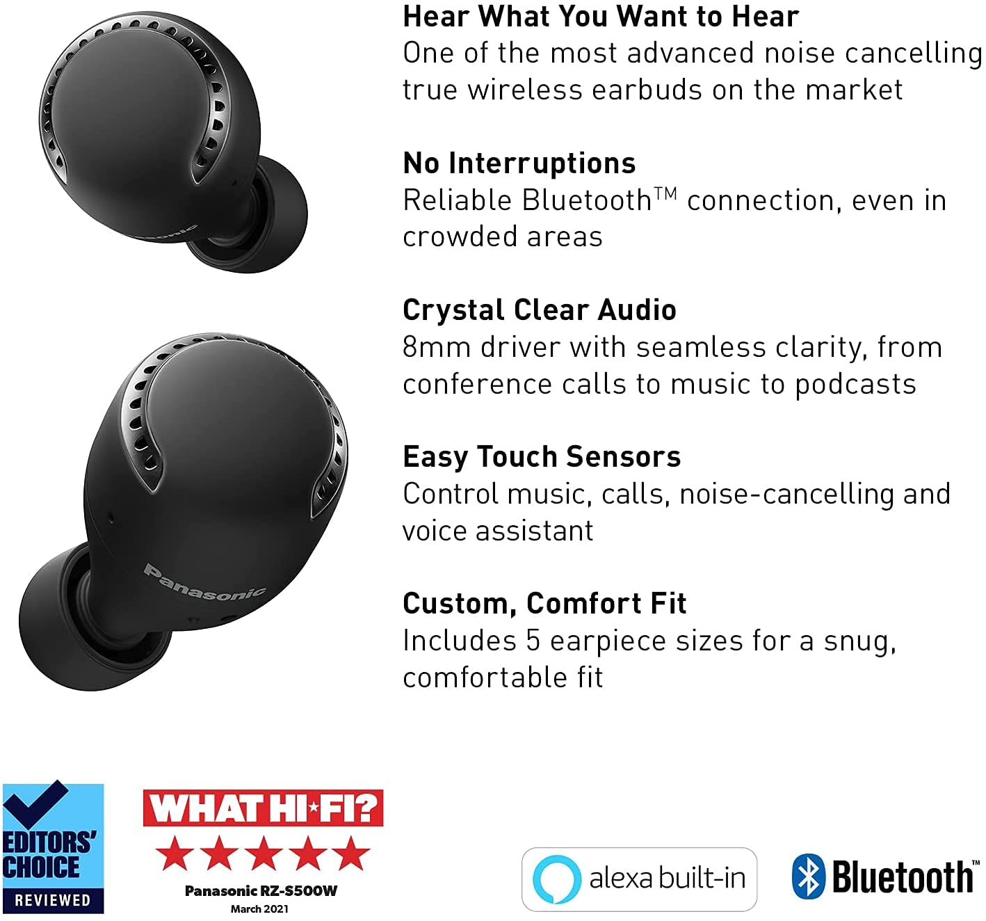 Panasonic RZS500WEK True Wireless Earbuds with Dual Hybrid Noise Cancelling, Alexa BuiltIn