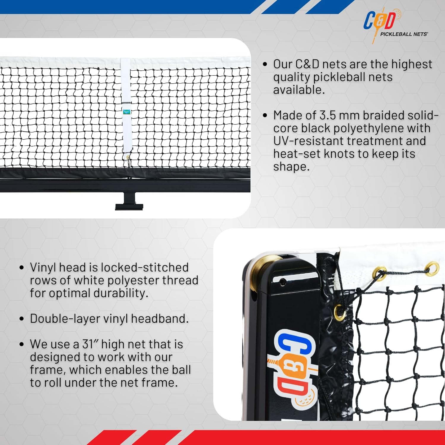C & D Pickleball Nets Flat Base Championship Net with Heavy Duty Steel Frame, Adjustable Tension, Indoor/Outdoor Use, 10-Year Warranty, Net