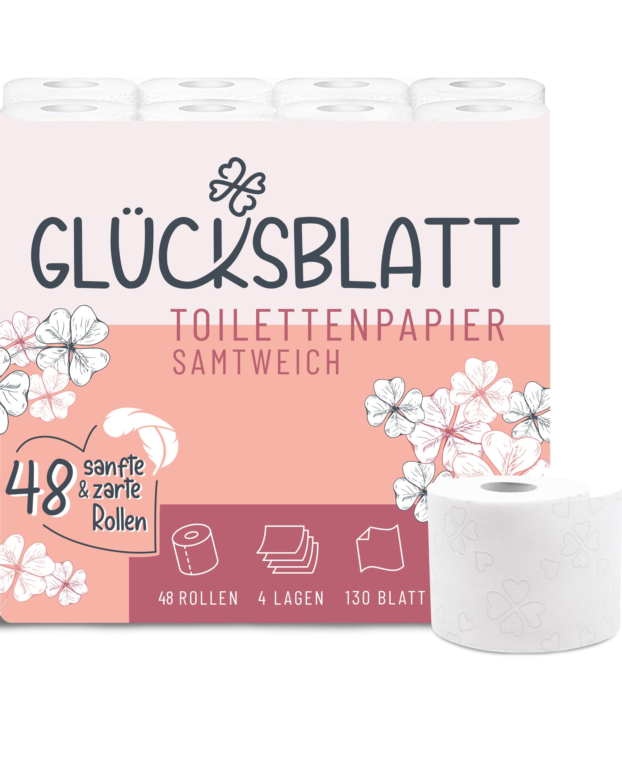 Glücksblatt Toilettenpapier samtweich 4-lagig, 48 Rollen Klopapier | Premium Frischzellstoff, Doppelseiten-Prägung, 130 Blatt, superweich & sanft, PEFC™ zertifiziert, 30% Recycling-Folie