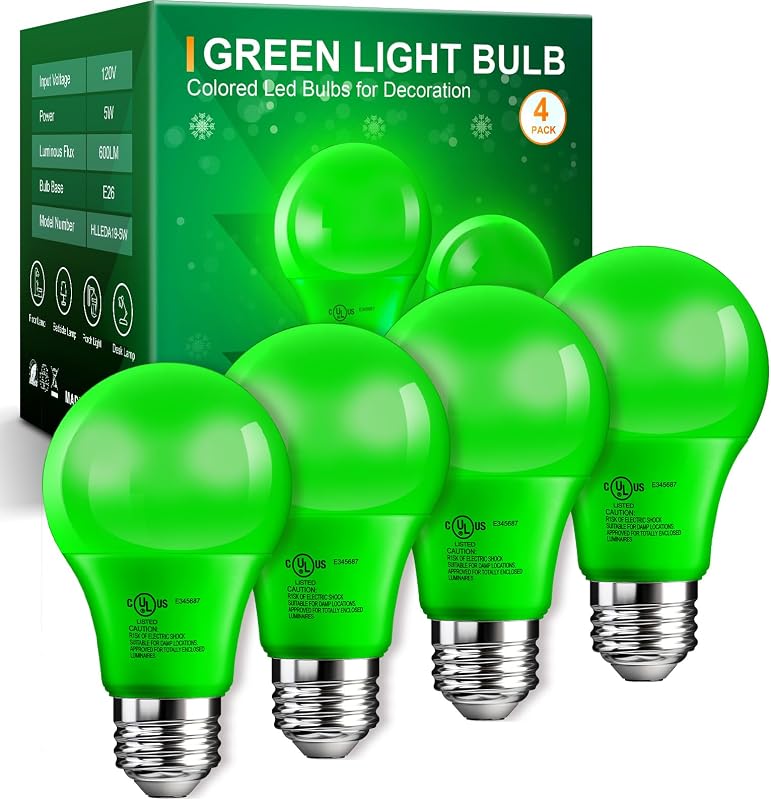 TJOY Green LED Light Bulb Outdoor Porch Halloween, A19 Colored 60 Watt Eq | Green Colored LED Lights, 5W E26 Base, Christmas Indoor Party Bedroom Decoration, Non-Dimmable, 4 Pack