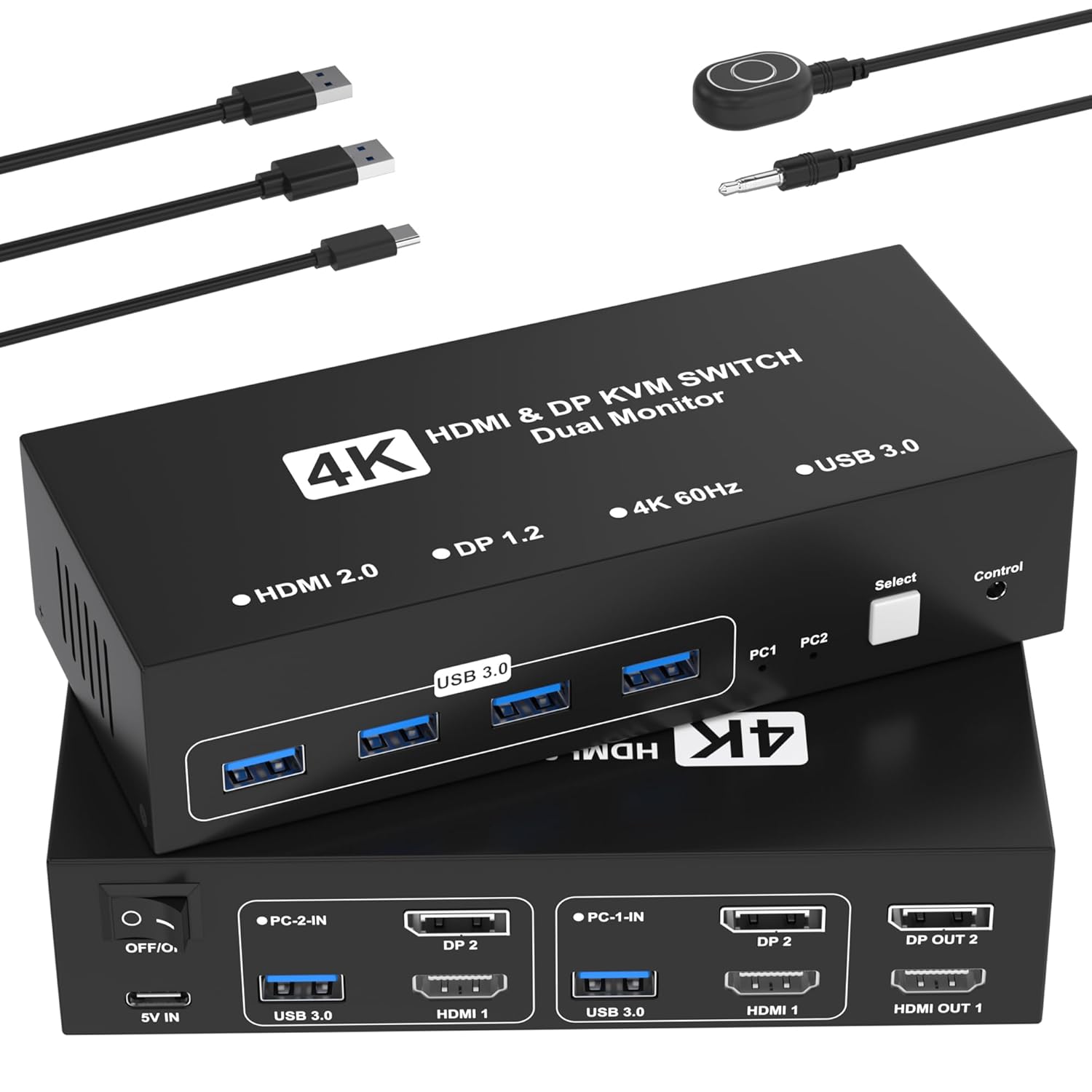 HDMI DisplayPort KVM Switch 2 Monitors 2 Computers, 4K@60Hz USB3.0 Dual Monitor HDMI KVM Switches Display Port for 2 Computers Share 2 Screens and 4 USB Devices for Keybord Mouse Printer