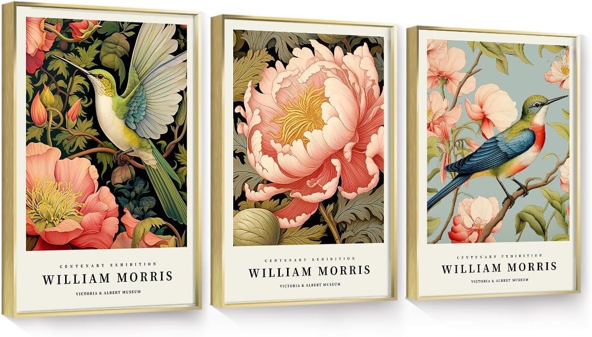 lianyibo William Morris Bird Wall Art large Vintage botanical Colorful Abstract Nature Flowers Canvas Art Living Room Decor(50x70x3/Inner frame)