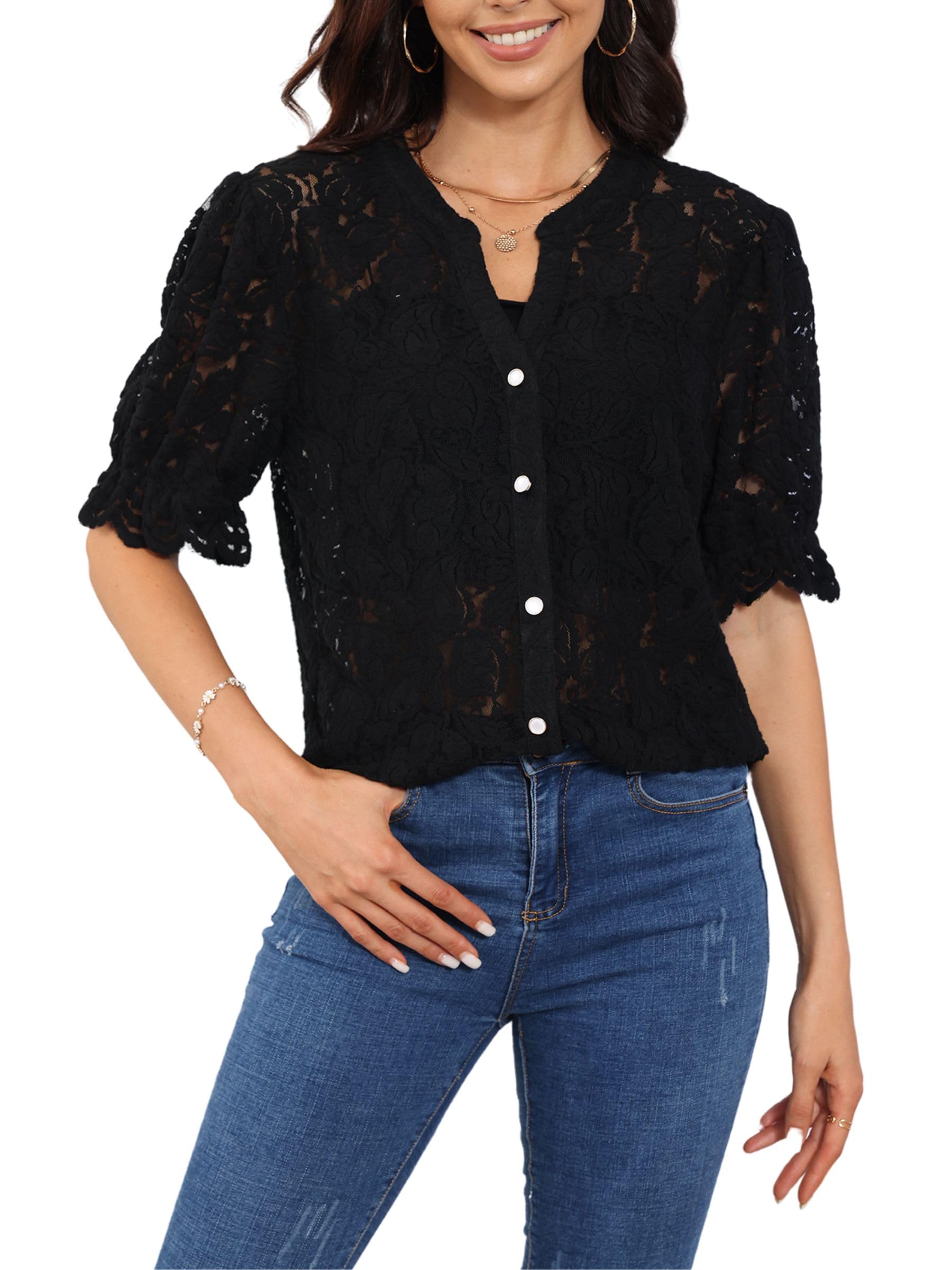 ELFTOWN Women's Summer Puff Short Sleeve Button Up Lace Top V Neck Dressy Casual Eyelet Blouse Shirt