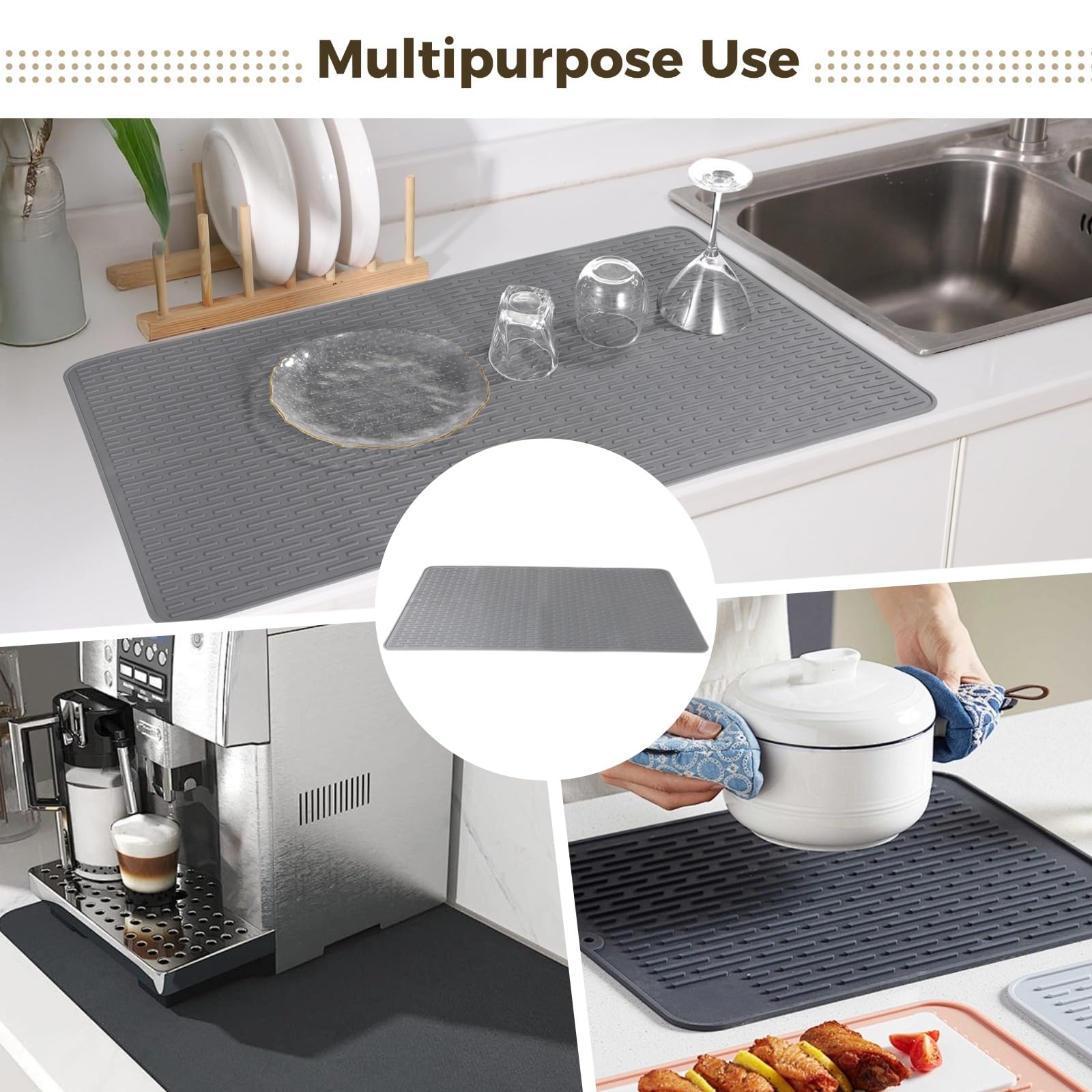 Tapis de séchage Vaisselle en Silicone Extra Large, 36 x 20,5 Pouces, pour Plan de Travail, Facile à Nettoyer, étanche, résistant à la Chaleur, antidérapant, Bord Anti-débordement pour casseroles et