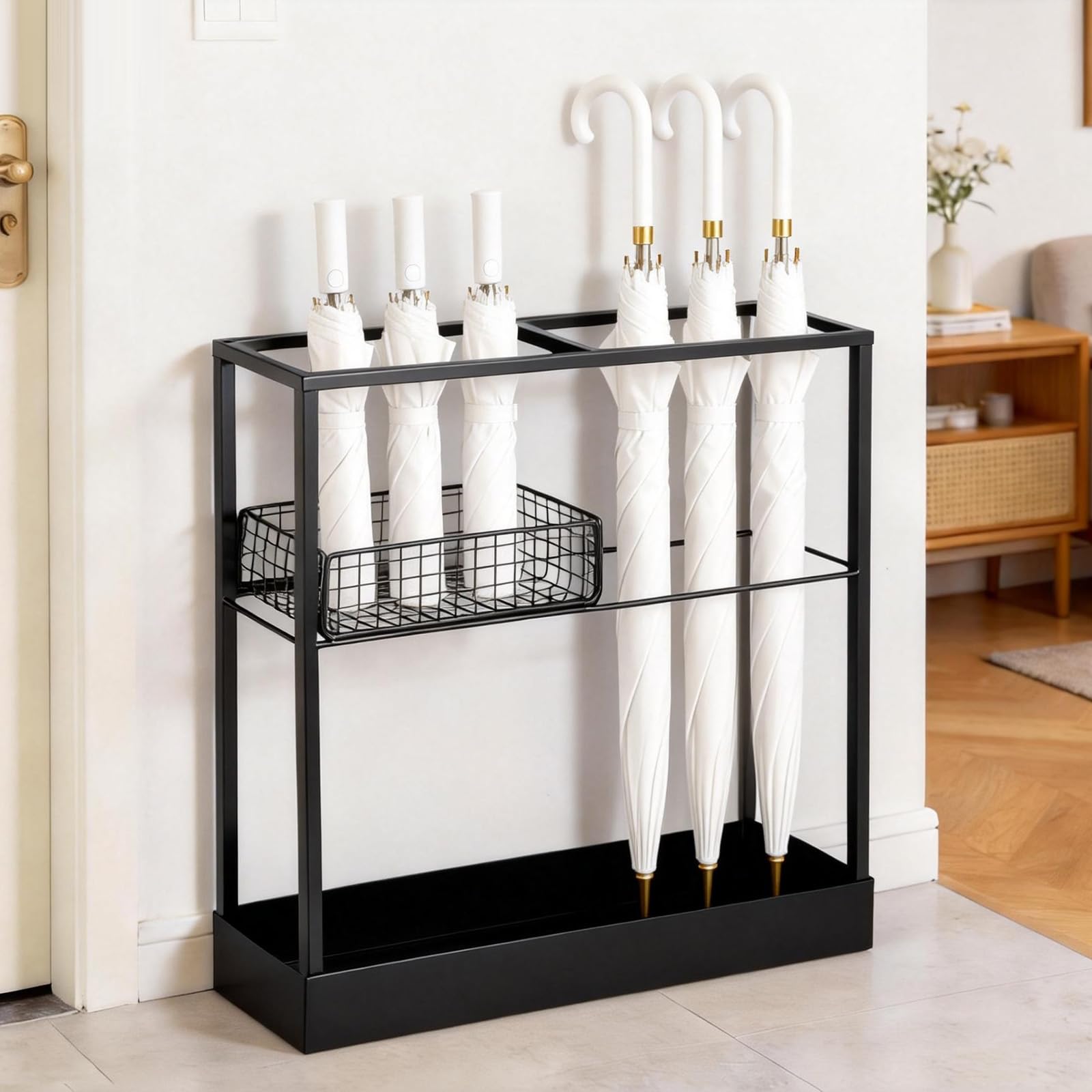 Minifactory Heavy Duty Umbrella Stand - Waterproof Metal Umbrella Holder & Rack for Indoor Use, Large Capacity Hallway Entryway Storage with Drip Tray, Modern Home Decor (Black) (Black)