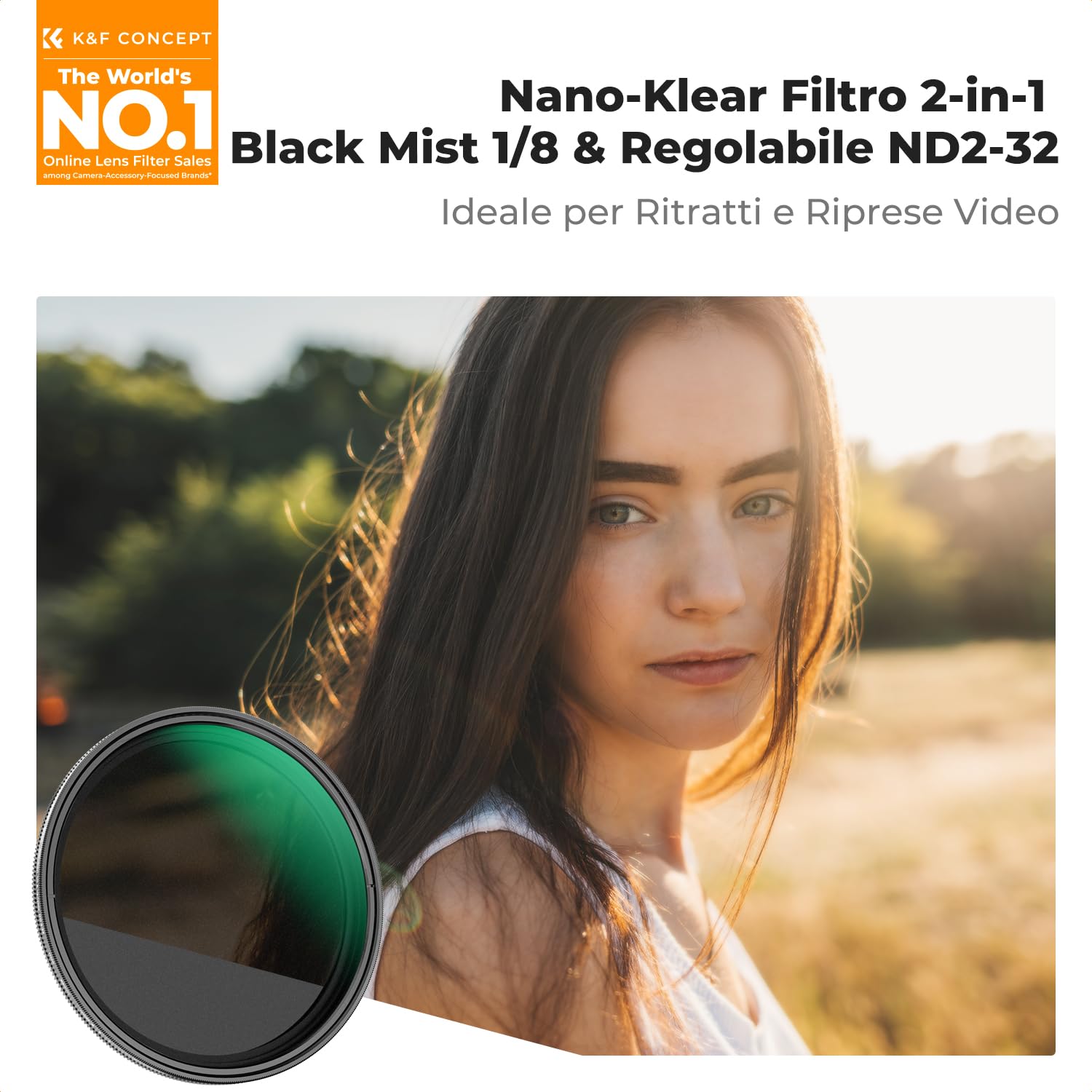 K&F CONCEPT 2 In 1 Filtro Black-Mist 1/8 & Variabile ND2-32 (5 Stop), 58mm Filtro Black Diffusion 1/8 & Densità Neutra ND in Vetro Ottico, Nano Rivestimento con 3Pcs Panno di Pulizia (Nano-K Serie)