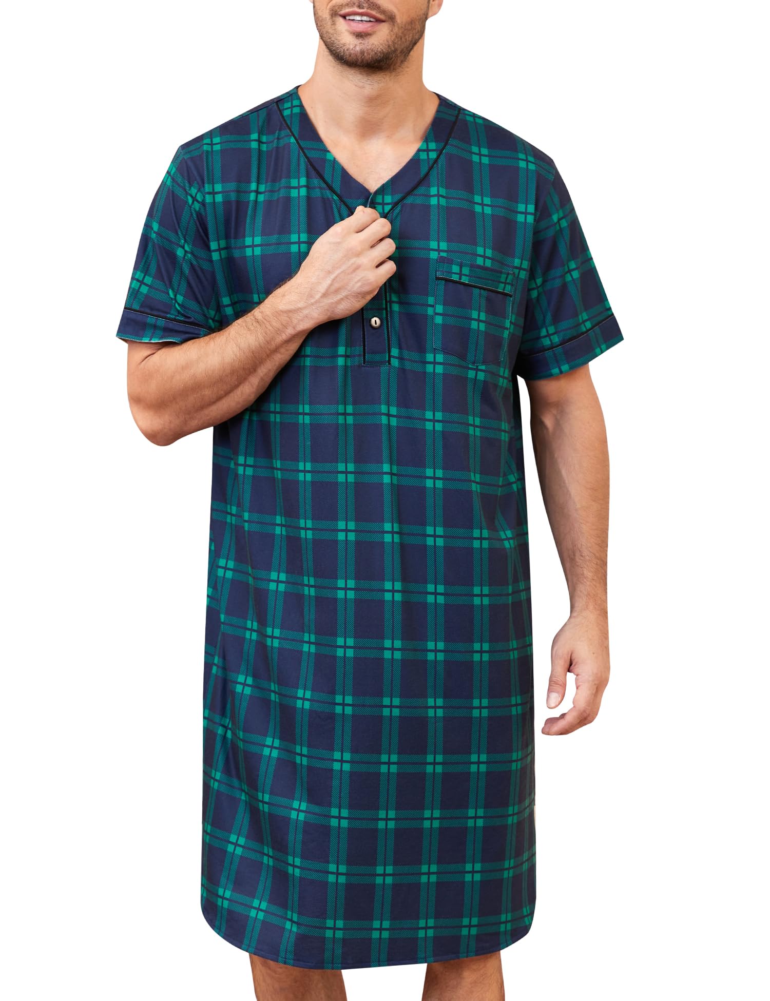 SWOMOG Mens Nightgown Short Sleeve Lounge, Sleep Henley Shirt Pajama Big &amp; Tall Nightshirt Comfy Nightwear M-3XL