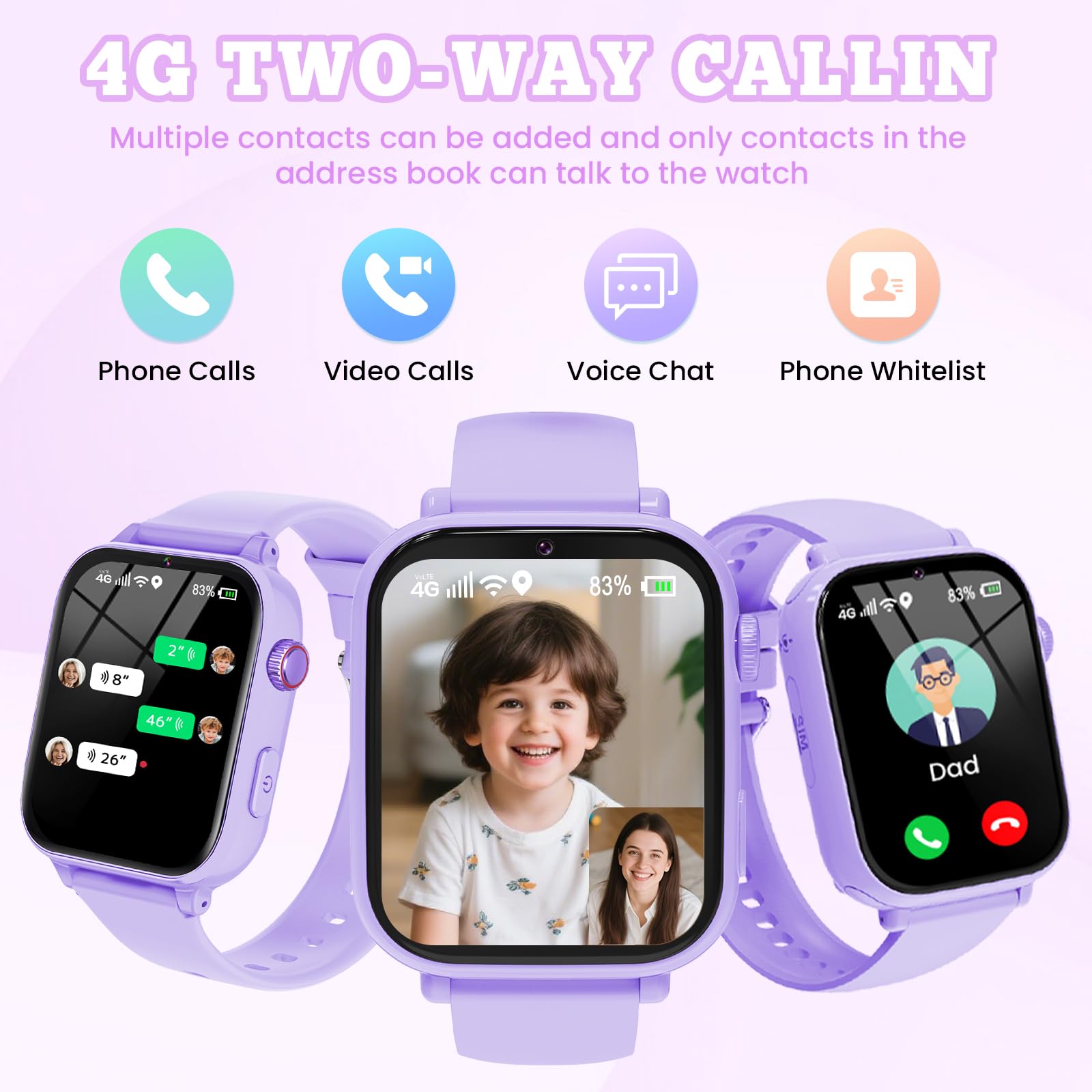 4G Smartwatch Bambini, Kids Smart Watch Intelligente con GPS, SOS, WIFI, Chat Vocale, Videochiamata, Modo Classe, Giochi Sveglia Contapassi Ragazzi Ragazze Orologio Regalo 4 ai 12 anni, Viola